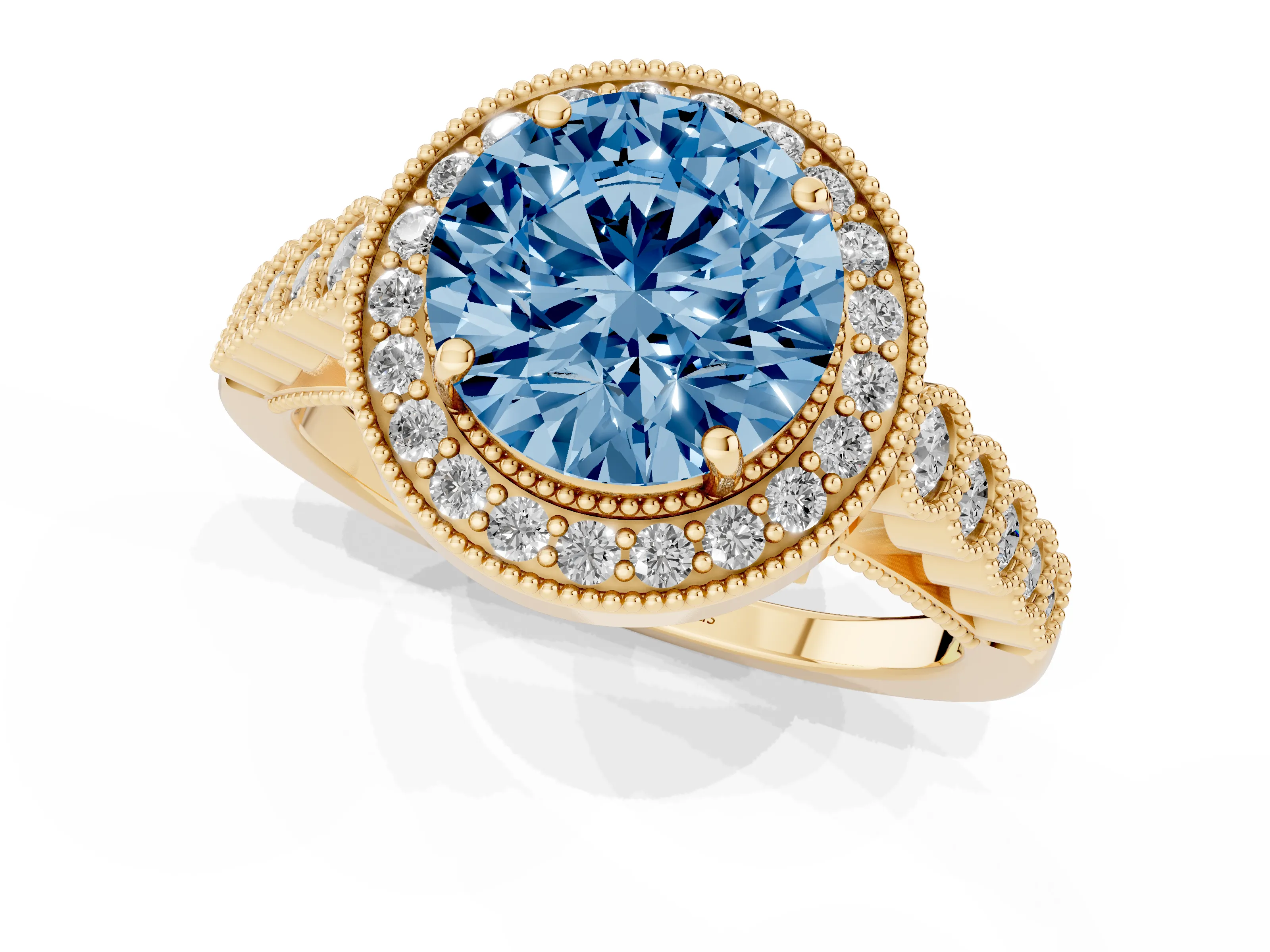 Fancy Blue Round Cut Diamond Milgrain Halo Solitaire Ring Set in Yellow gold with Bezel Set Side Stones and Pavé Band