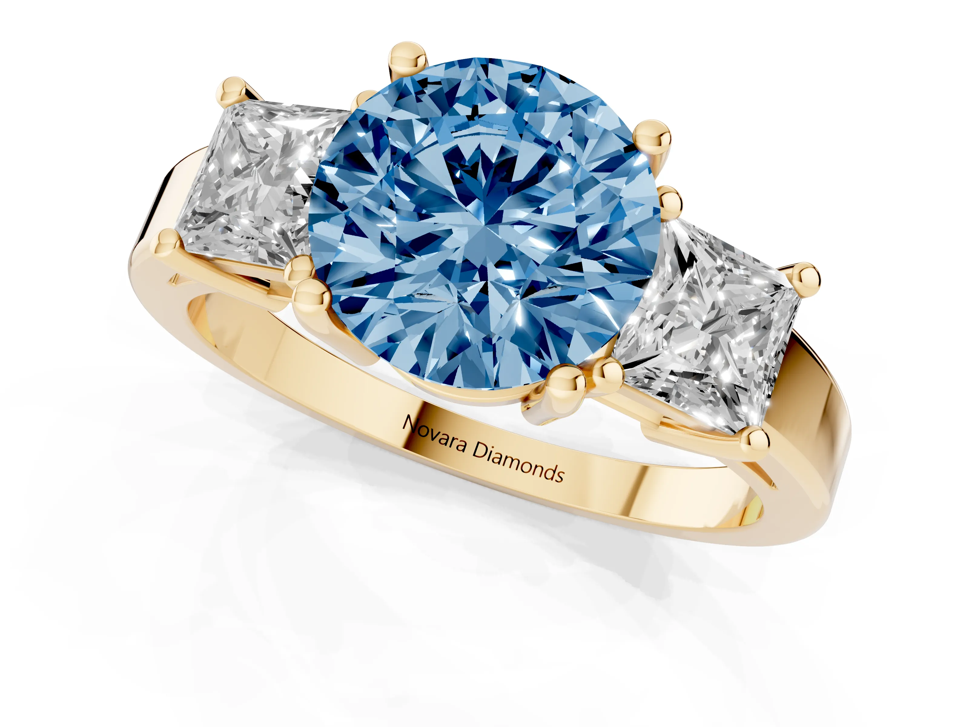 Fancy Blue Three-Stone Round Cut Diamond Solitaire Ring Set in Yellow gold with Prong Setting