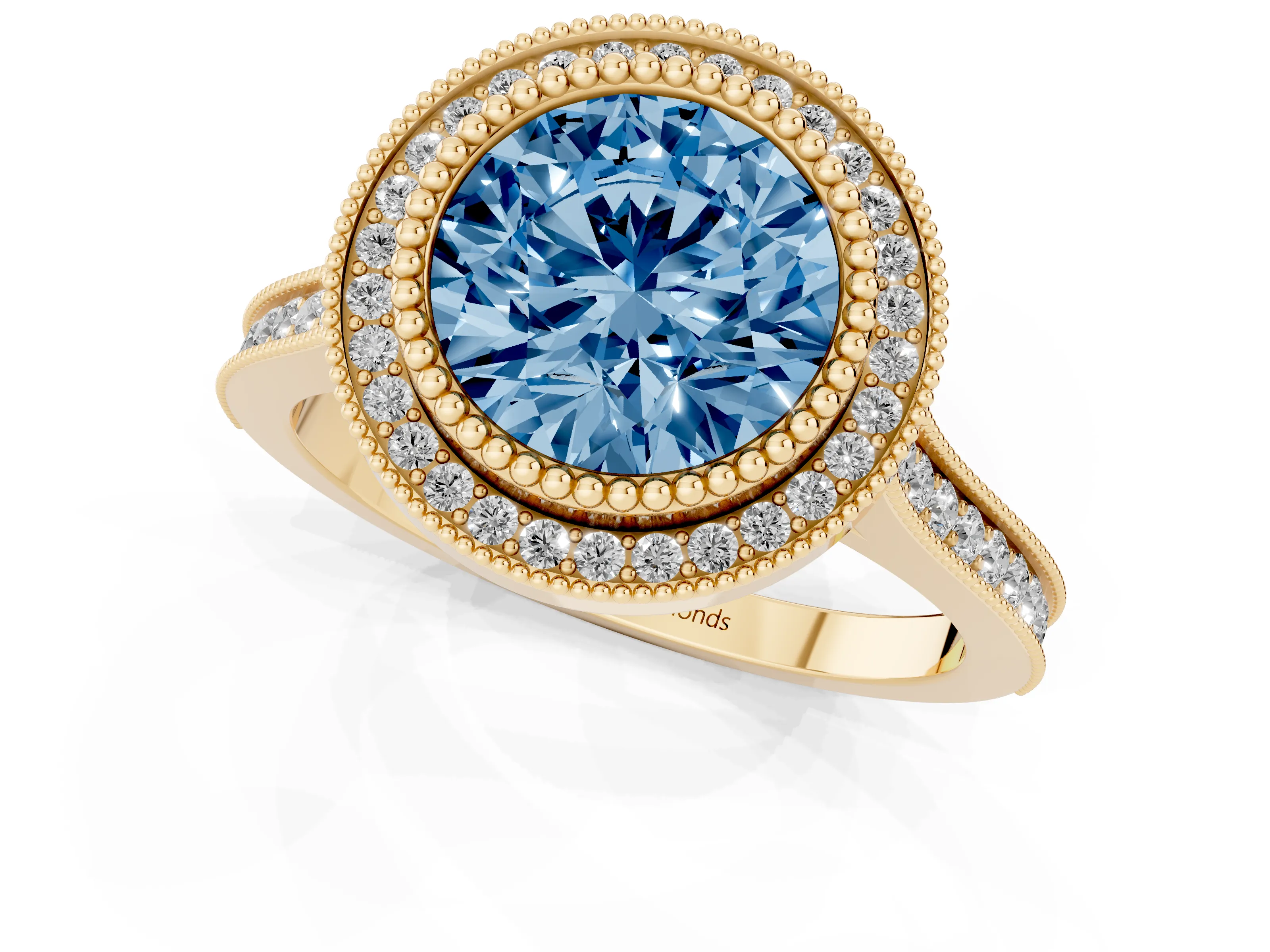 Fancy Blue Round Cut Diamond Halo Ring Set in Yellow gold with Milgrain Frame and Pavé Band
