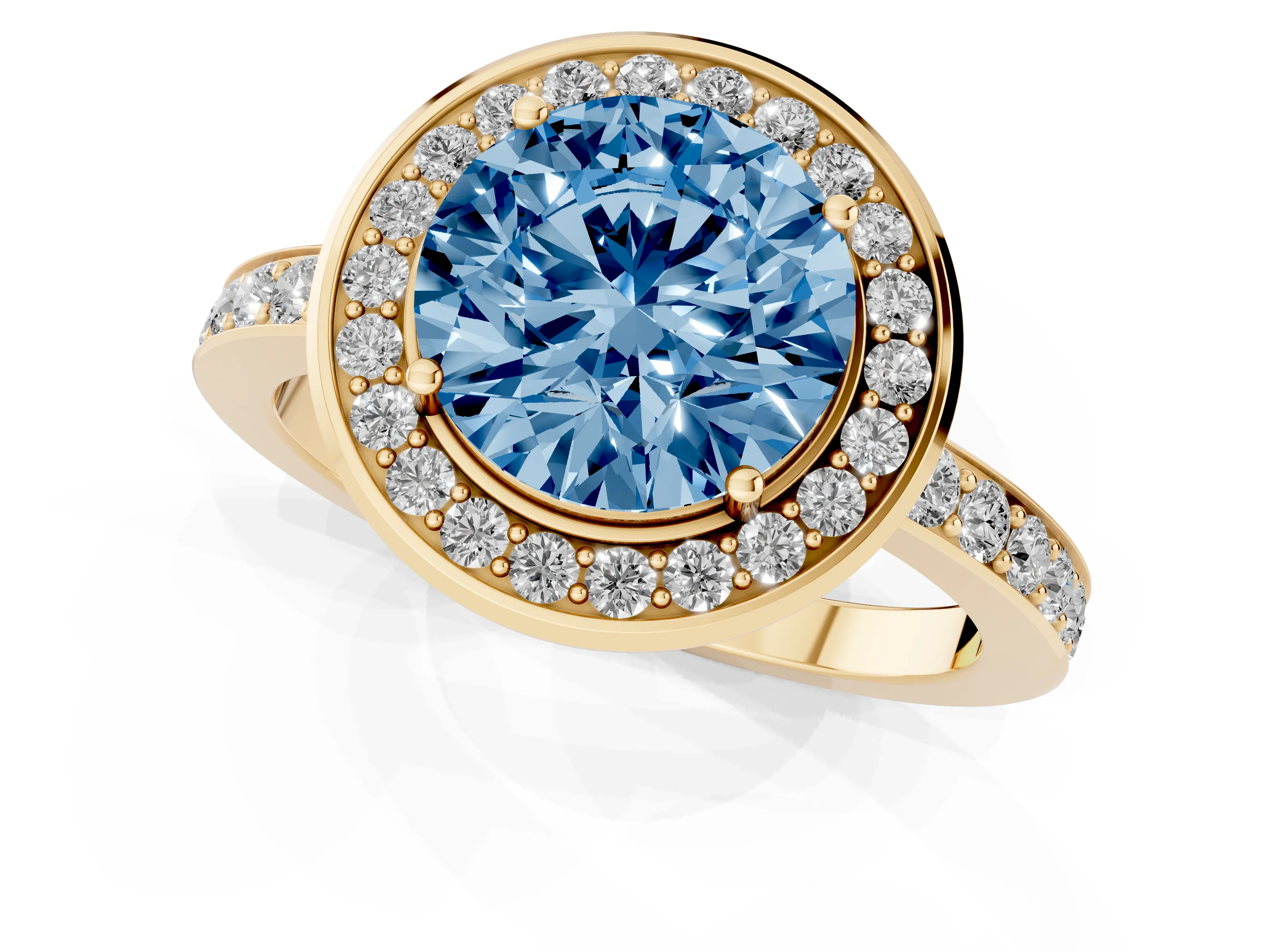 Fancy Blue Round Cut Diamond Halo Ring Set in Yellow gold with Bezel Frame and Pavé Band