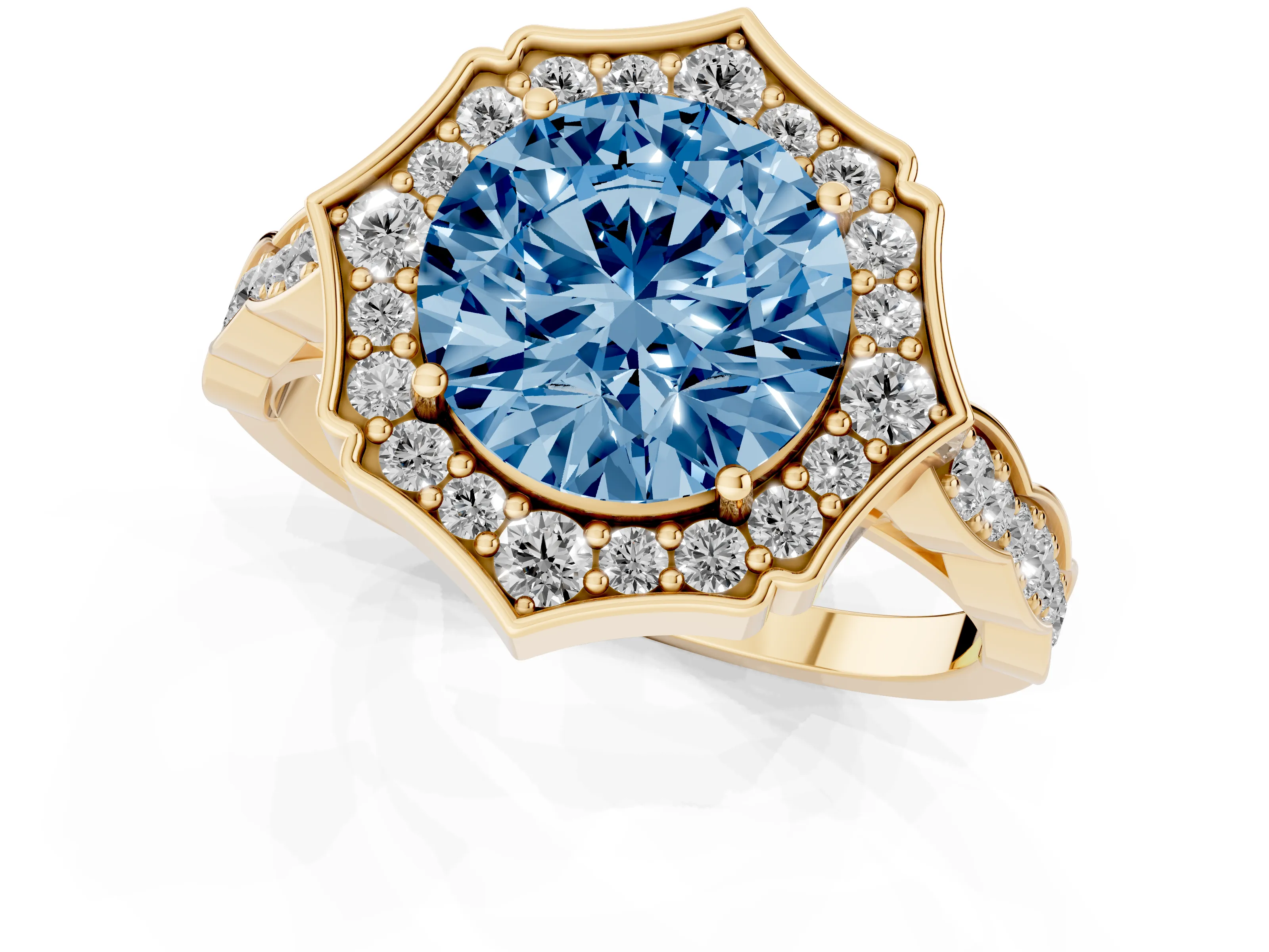 Fancy Blue Round Cut Diamond Halo Engagement Ring Set in Yellow gold with Milgrain Band and Prong Setting