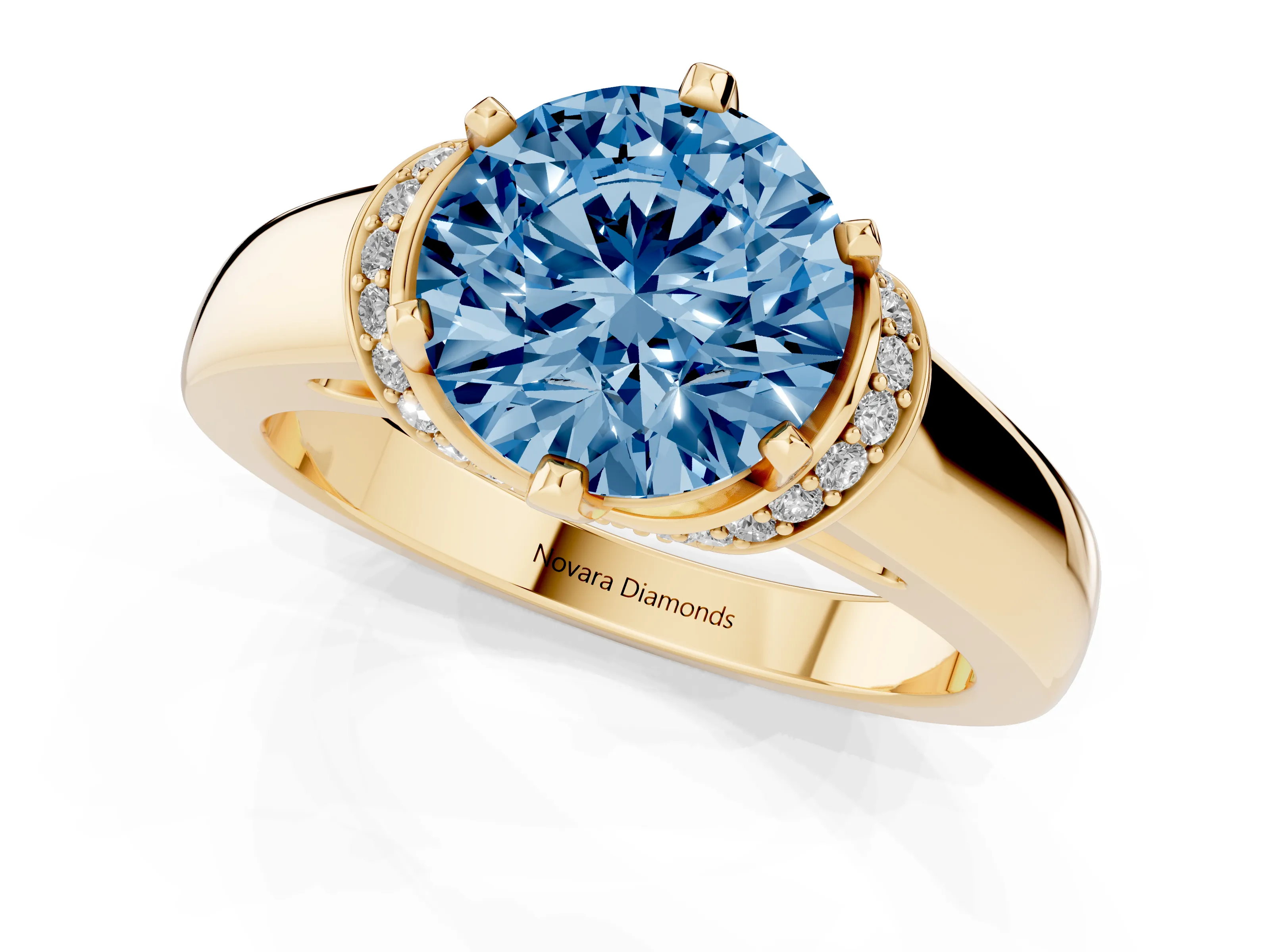Fancy Blue Round Cut Diamond Pavé Band Solitaire Ring Set in Yellow gold with Prong Setting