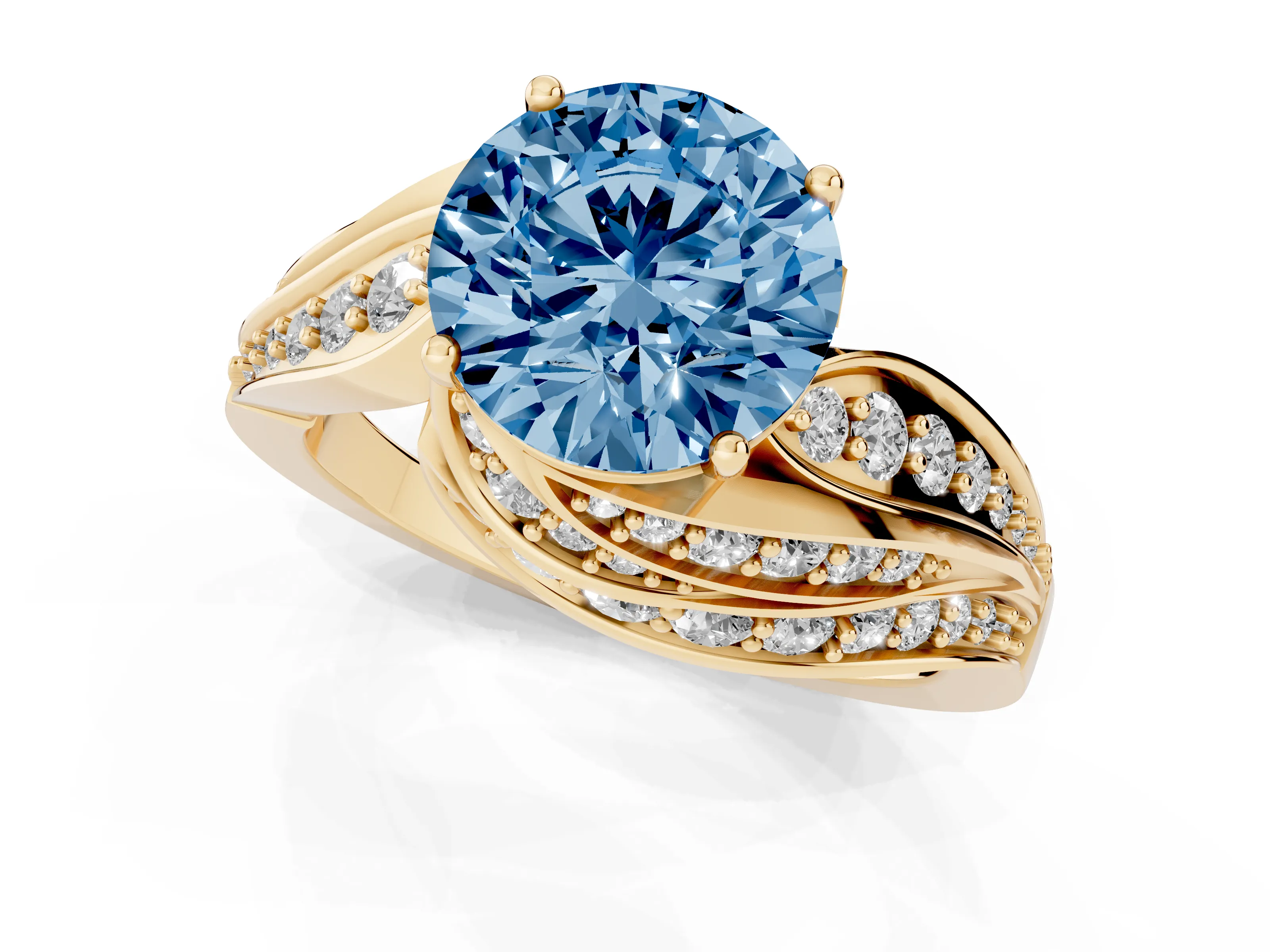 Fancy Blue Round Cut Diamond Solitaire Ring Set in Yellow gold with Layered Twist Pavé Band