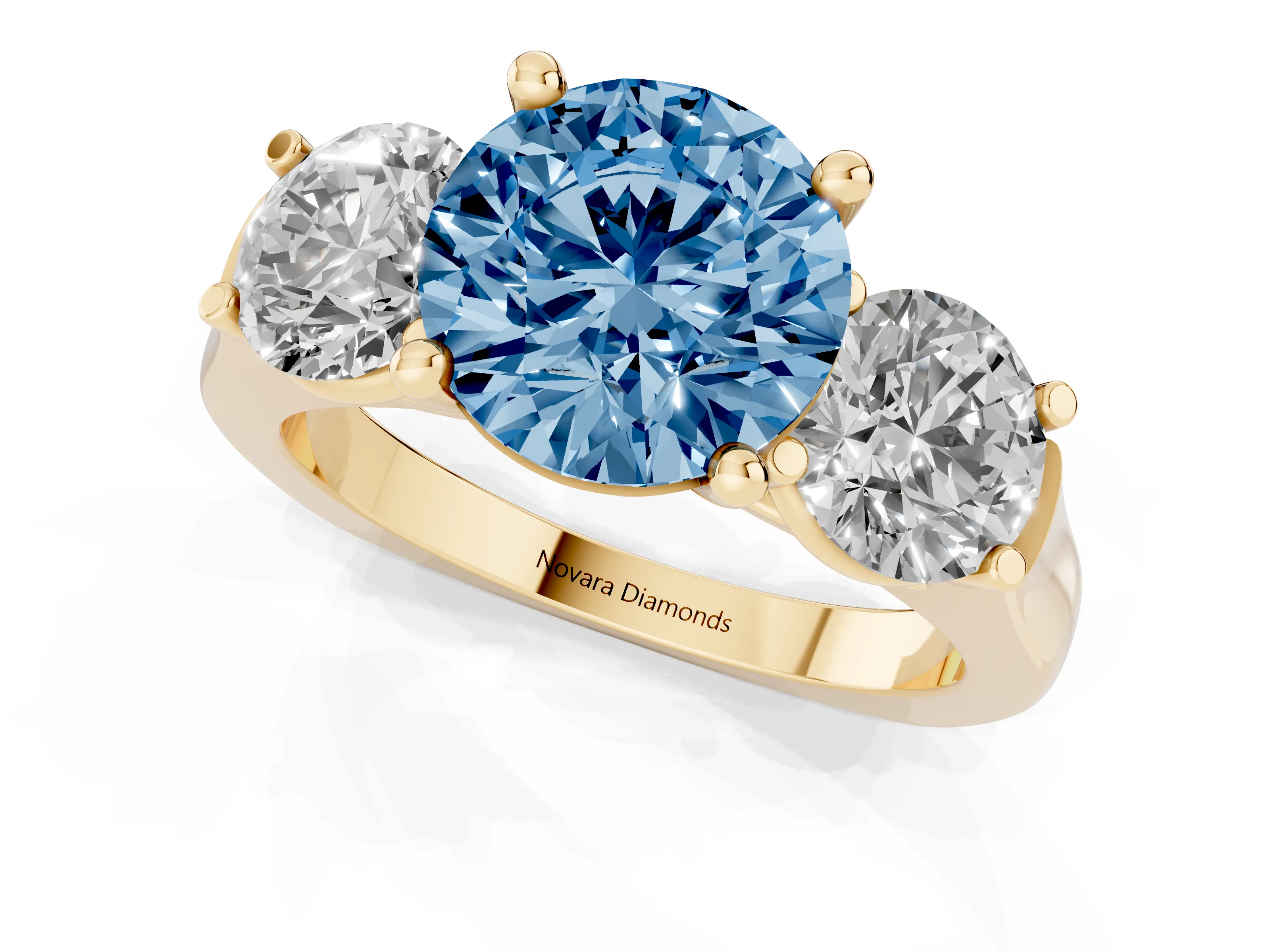 Fancy Blue Round Cut Diamond Three-Stone Trellis Ring Set in Yellow gold with Comfort Fit Band
