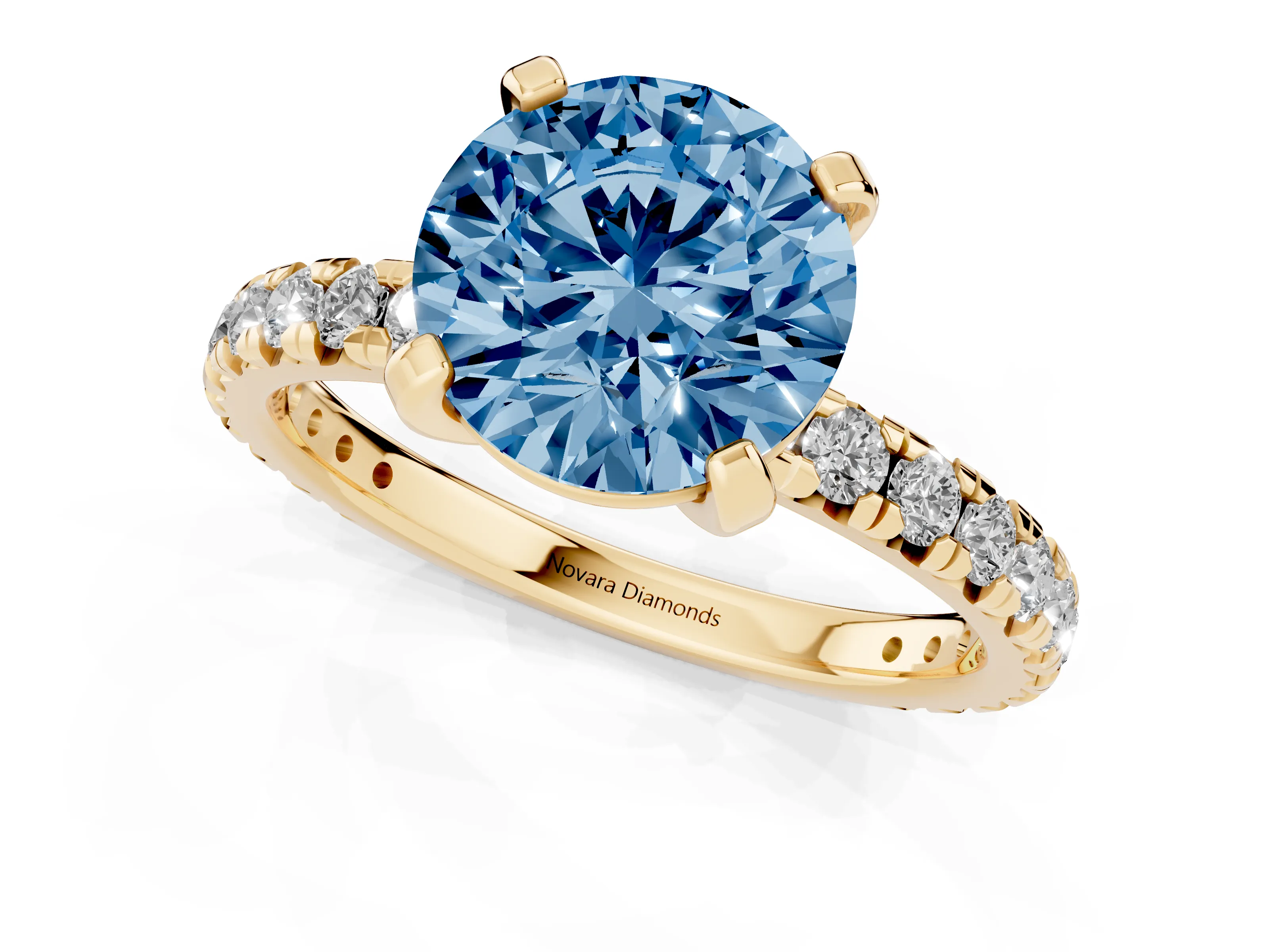 Fancy Blue Round Cut Diamond Pavé Solitaire Ring Set in Yellow gold with Round Band and Prong Setting