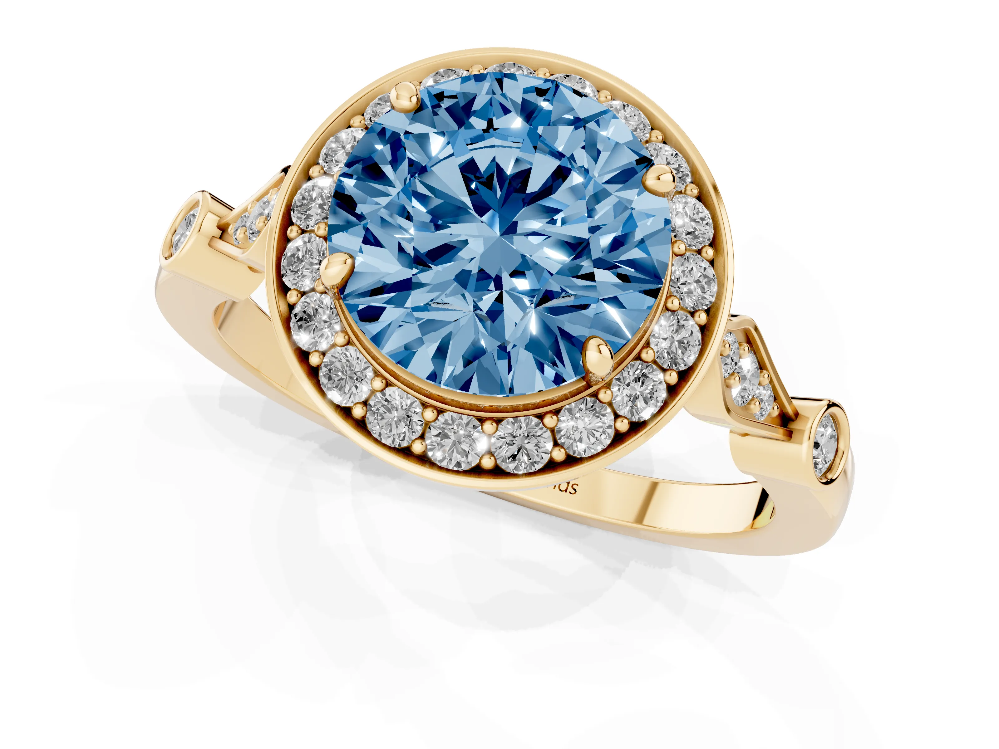 Fancy Blue Round Cut Diamond Halo Engagement Ring Set in Yellow gold with Twisted Band and Prong Setting
