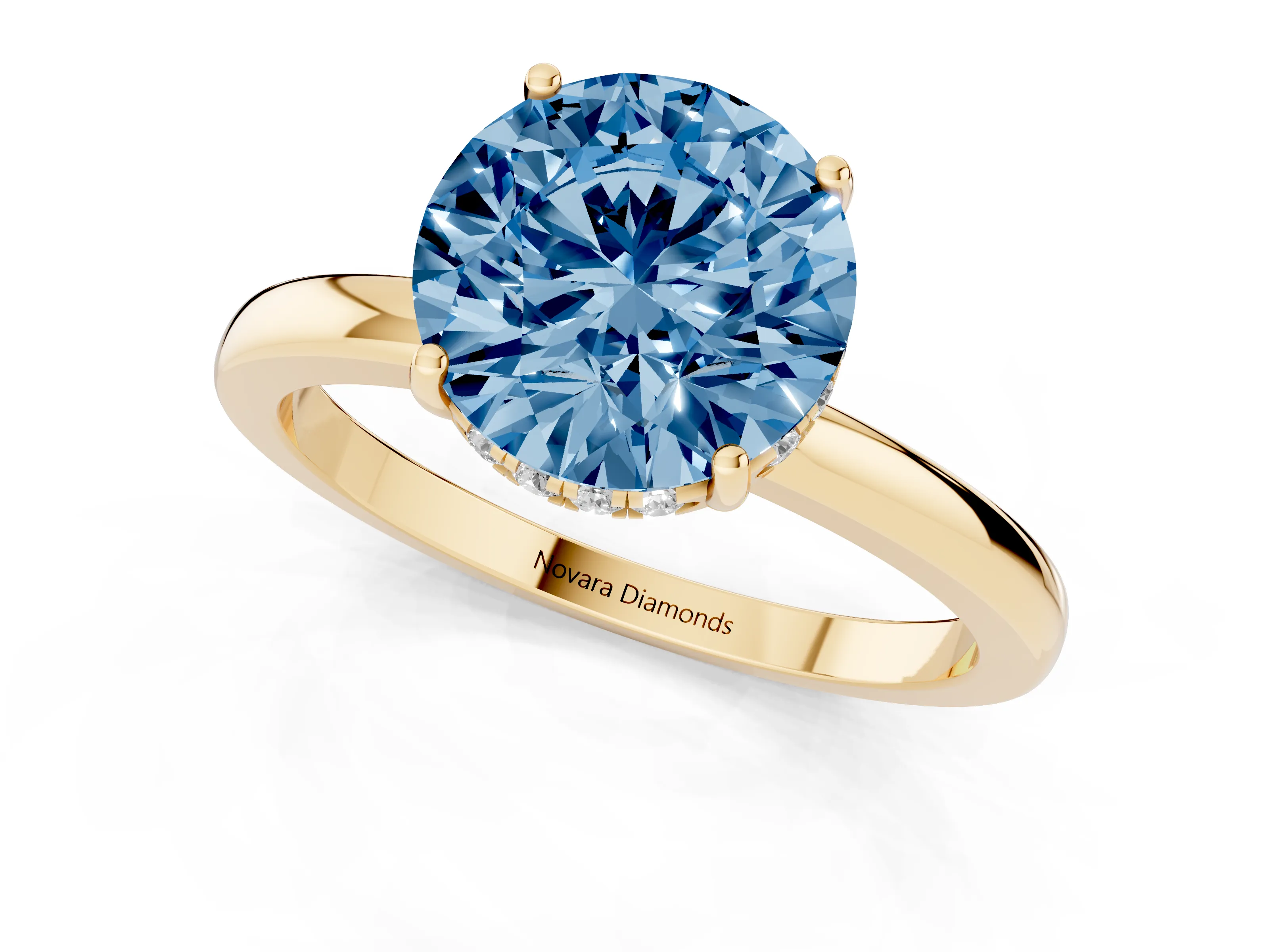 Fancy Blue Round Cut Diamond Solitaire Ring Set in Yellow gold with Plain Band and Prong Setting