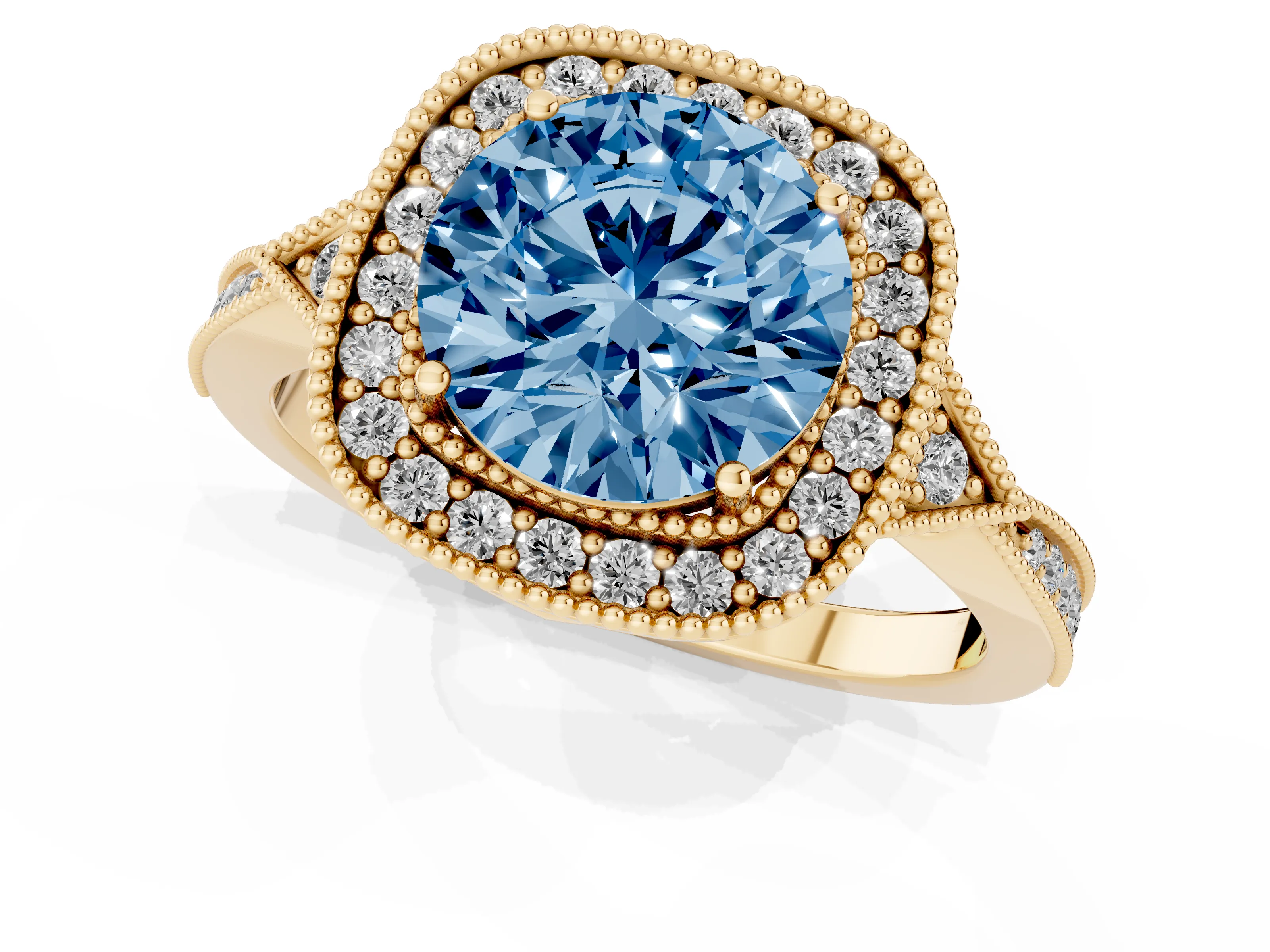 Fancy Blue Round Cut Diamond Halo Engagement Ring Set in Yellow gold with Milgrain Pavé Band