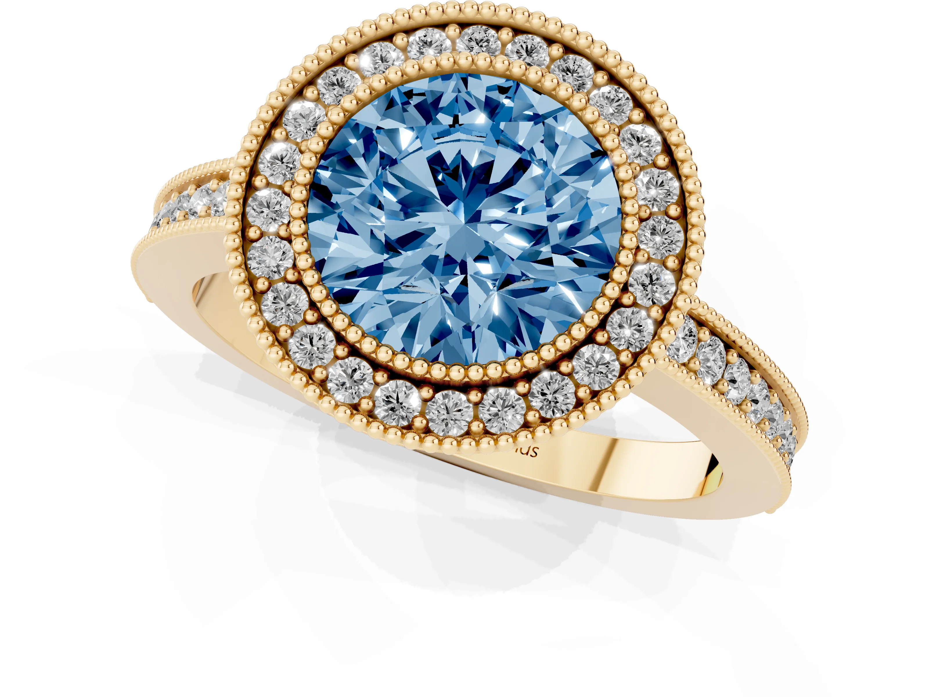 Fancy Blue Round Cut Diamond Round Halo Ring Set in Yellow gold with Pavé Band