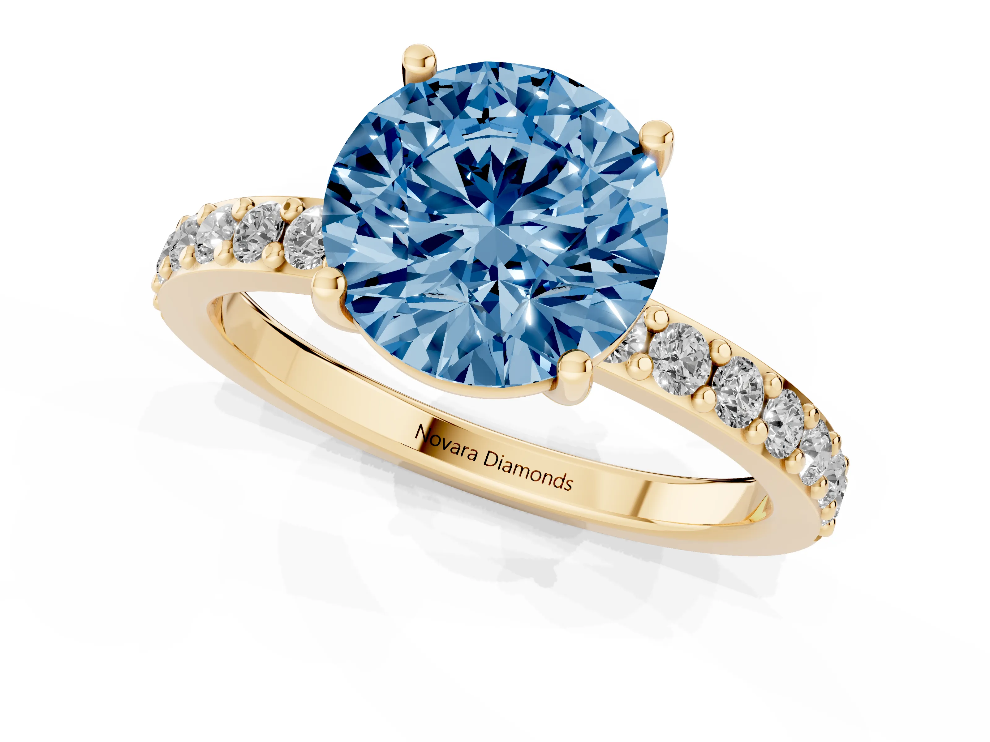 Fancy Blue Round Cut Diamond Solitaire Set in Yellow gold with Round Pavé Band and Prong Setting
