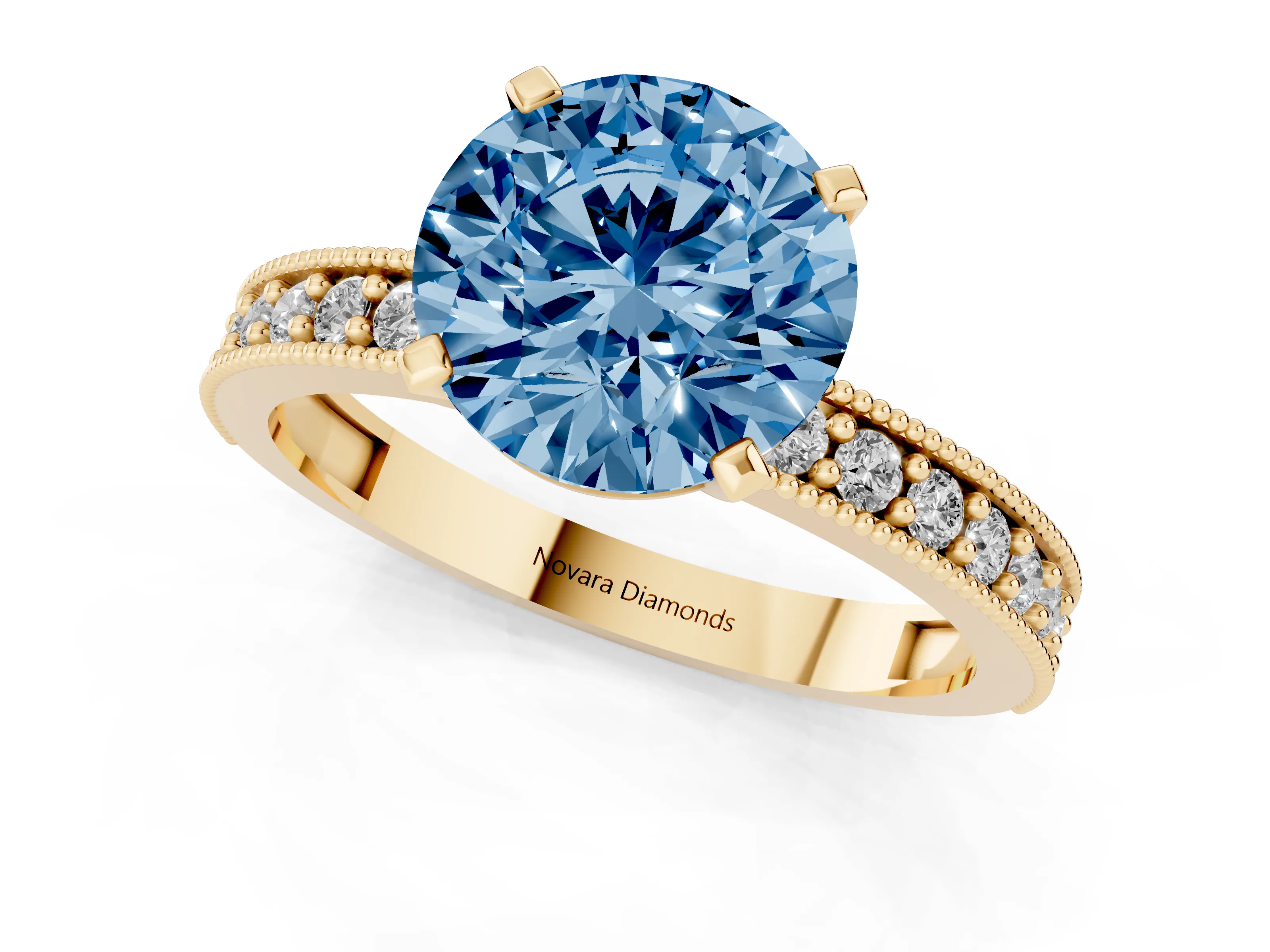 Fancy Blue Round Cut Diamond Milgrain Pavé Engagement Ring Set in Yellow gold with Prong Setting