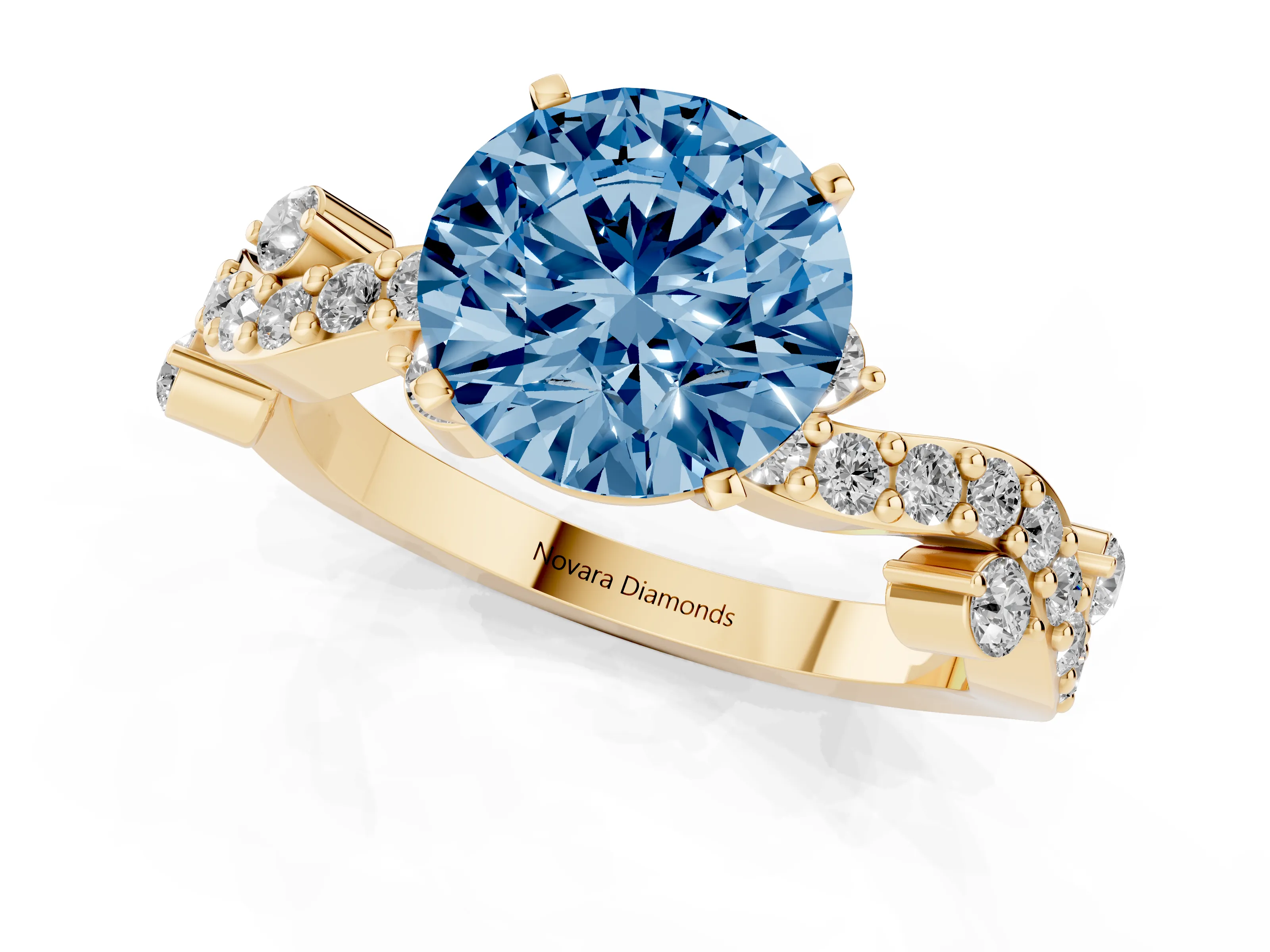 Fancy Blue Round Cut Diamond Solitaire Twisted Band Set in Yellow gold with Pavé Setting
