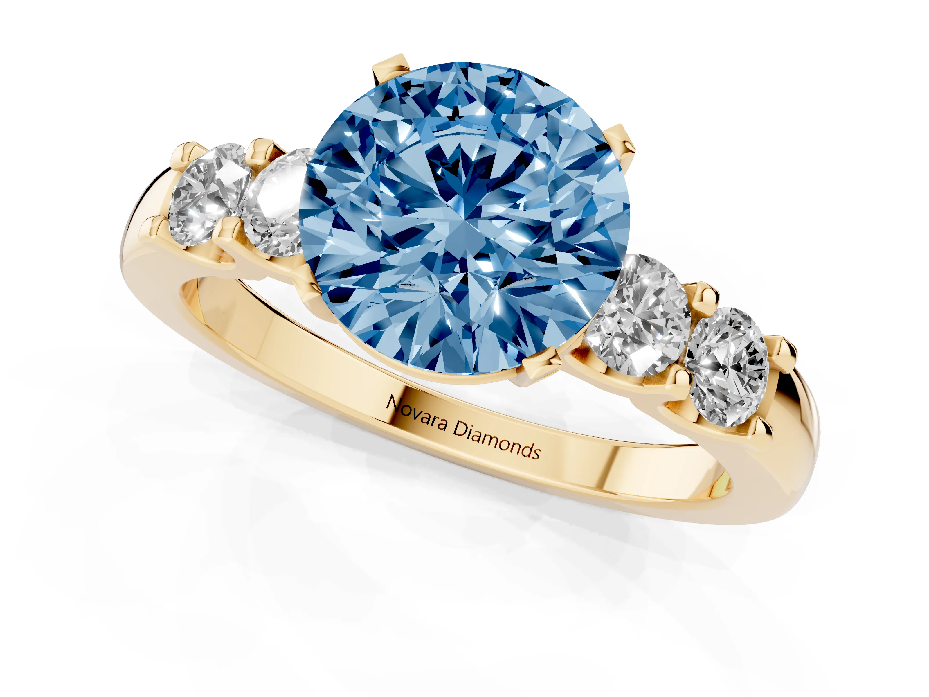 Fancy Blue Round Cut Diamond Five-Stone Prong Set Engagement Ring Set in Yellow gold with Channel Band