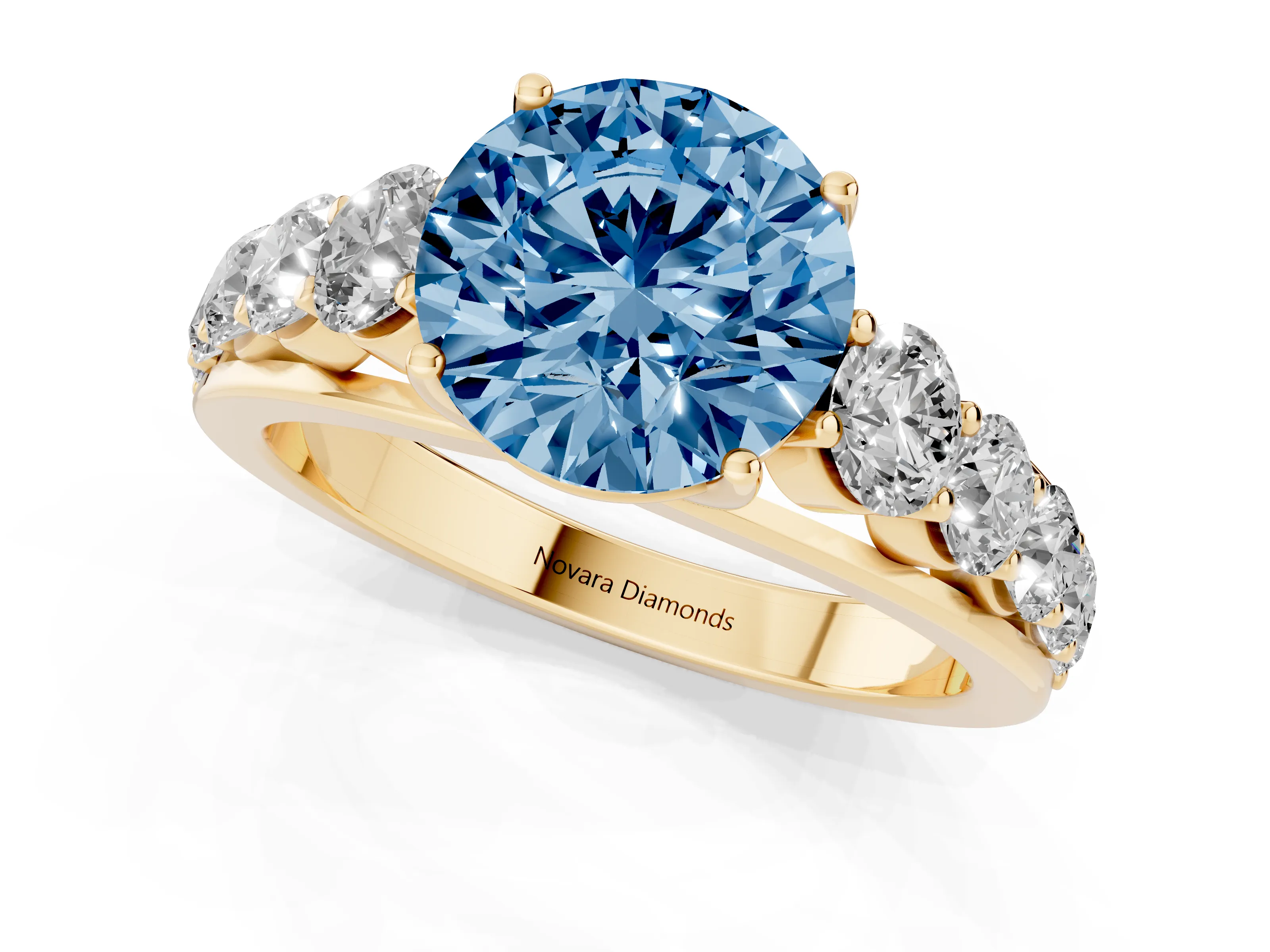 Fancy Blue Round Cut Diamond Solitaire Ring Set in Yellow gold with Pavé-Set Band and Prong Setting