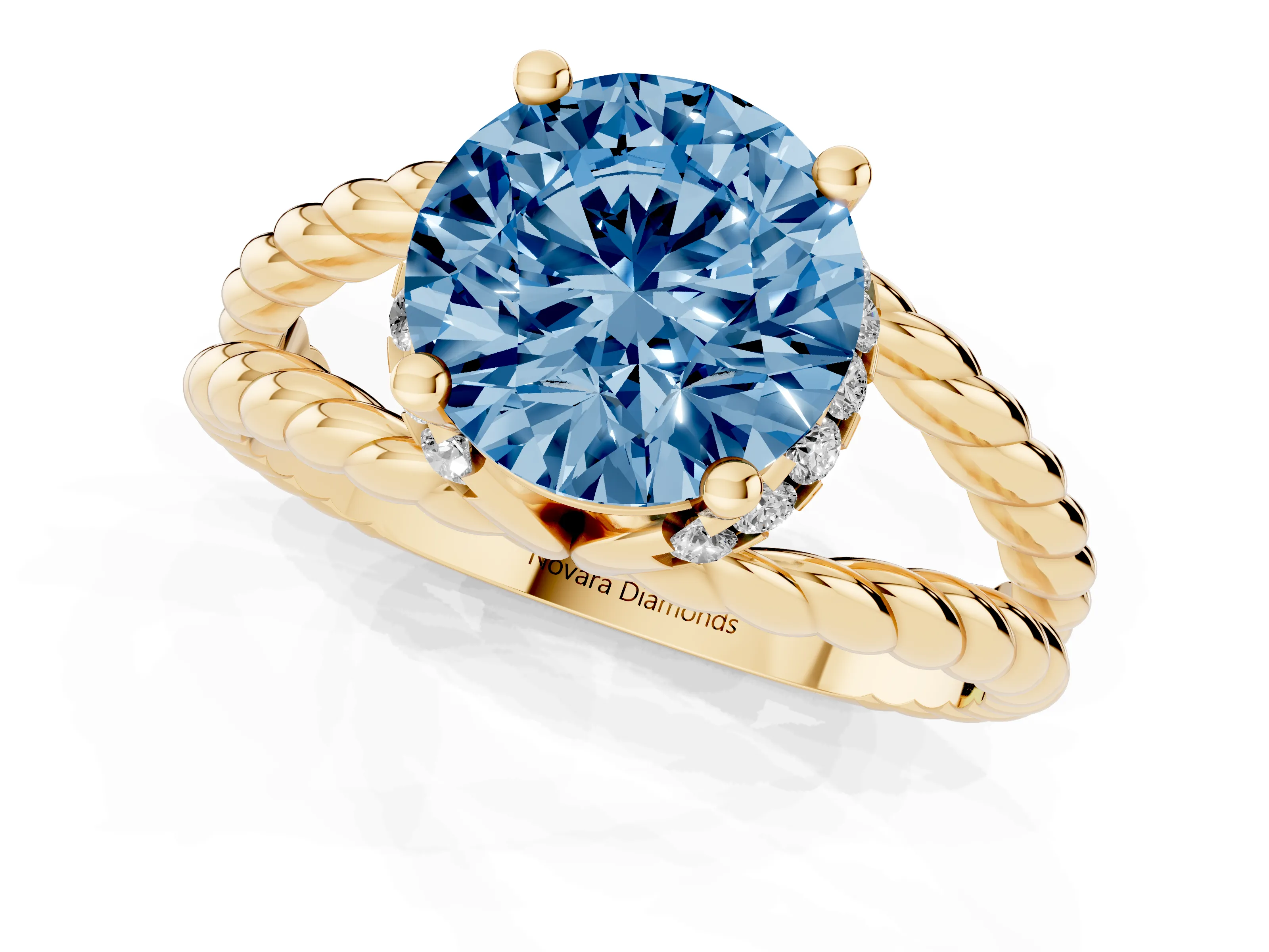 Fancy Blue Round Cut Diamond Halo Ring Set in Yellow gold with Twisted Band and Prong Setting