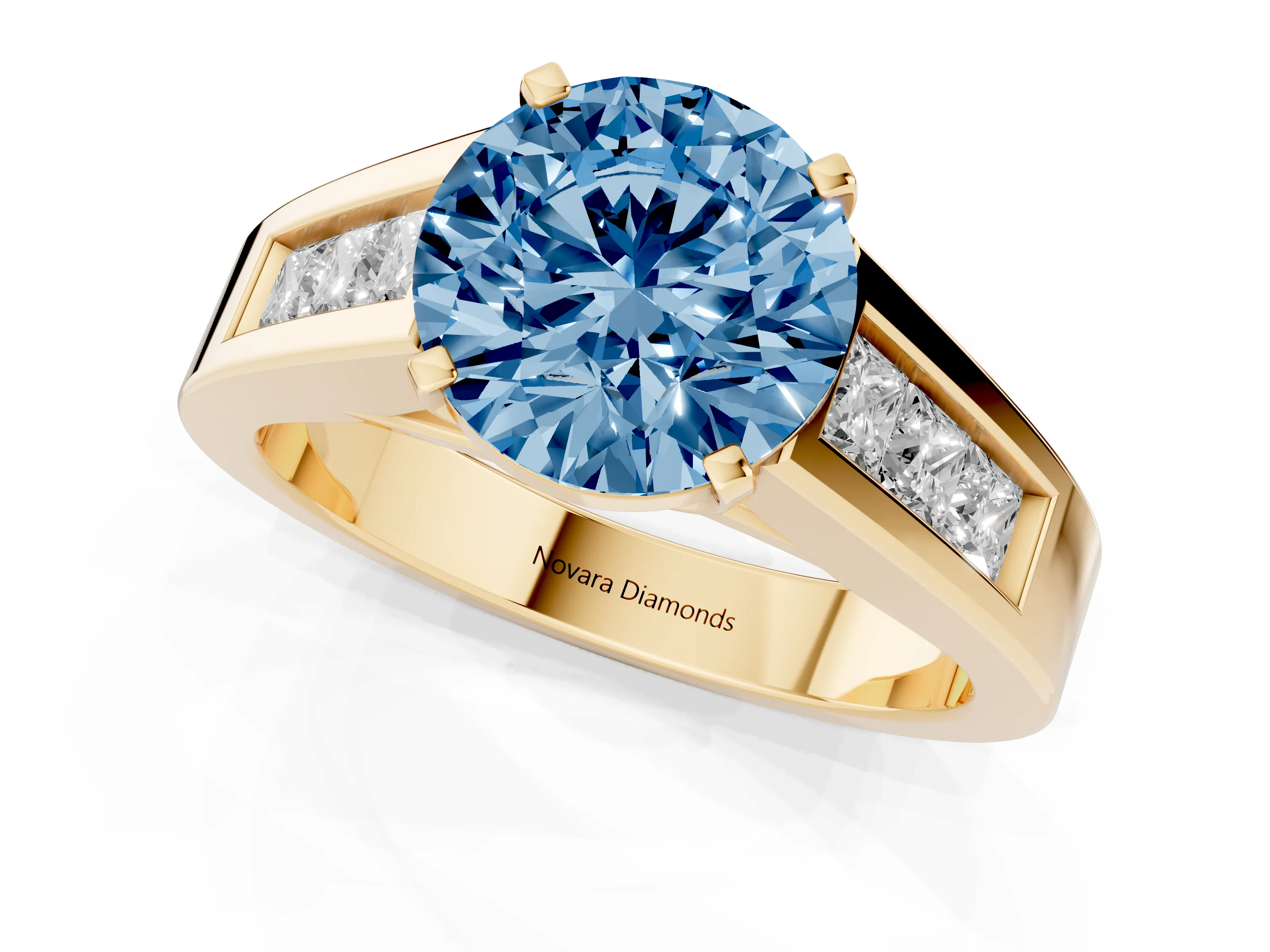 Fancy Blue Round Cut Diamond Solitaire Ring Set in Yellow gold with Channel-Set Accent Stones and Prong Setting