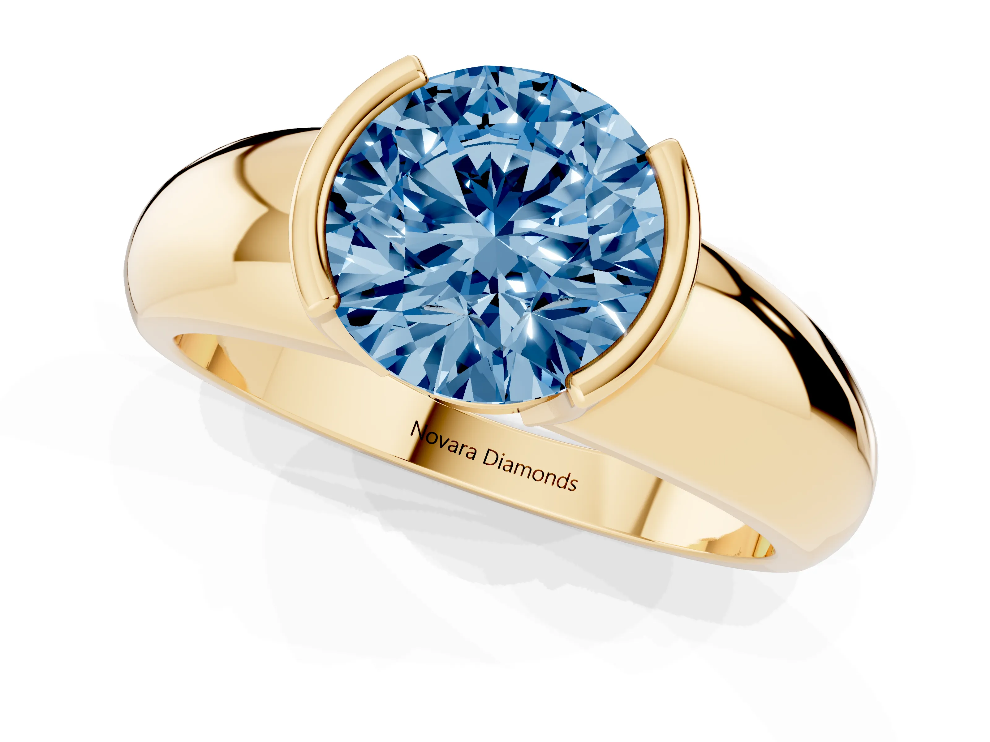 Fancy Blue Round Cut Diamond Solitaire Tension Set Ring Set in Yellow gold with Wide Band