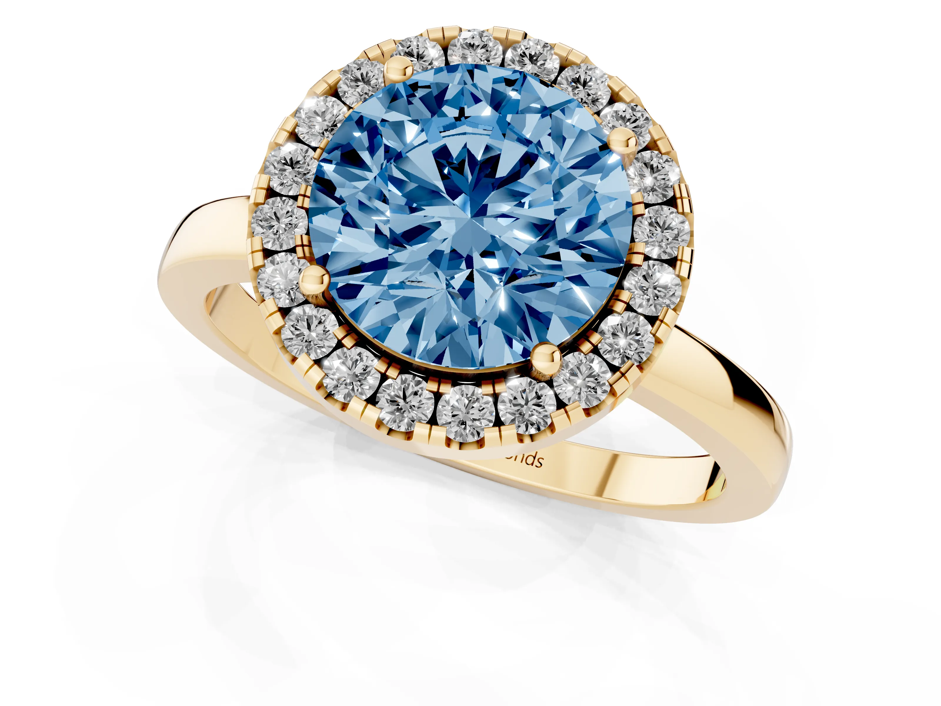 Fancy Blue Round Cut Diamond Halo Solitaire Ring Set in Yellow gold with Pavé Band and Prong Setting