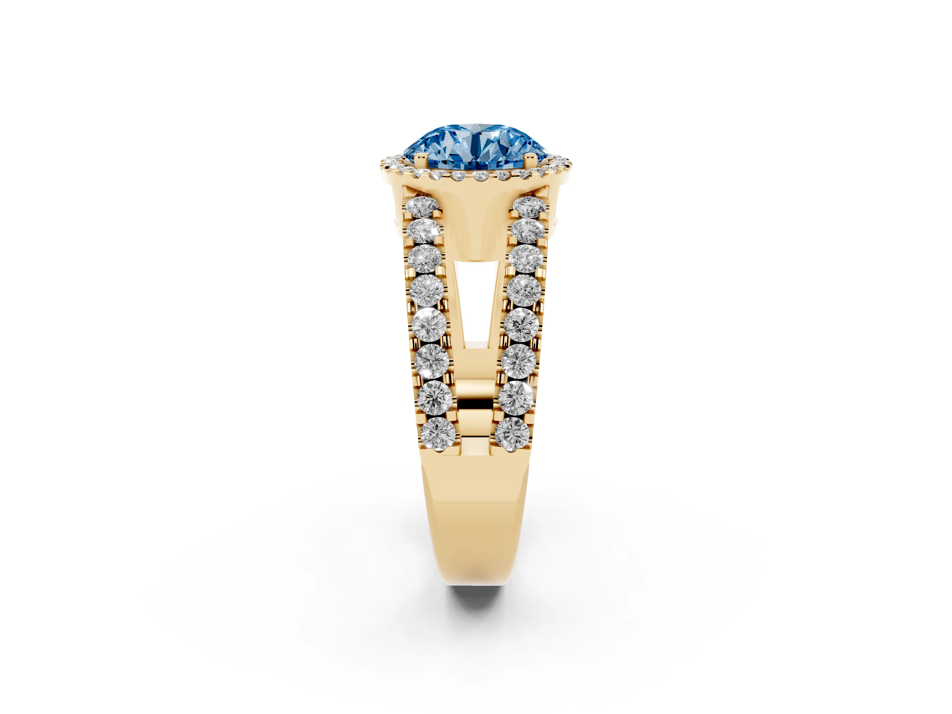 Fancy Blue Round Cut Diamond Halo Ring Set in Yellow gold with Pavé Split Shank and Prong Setting