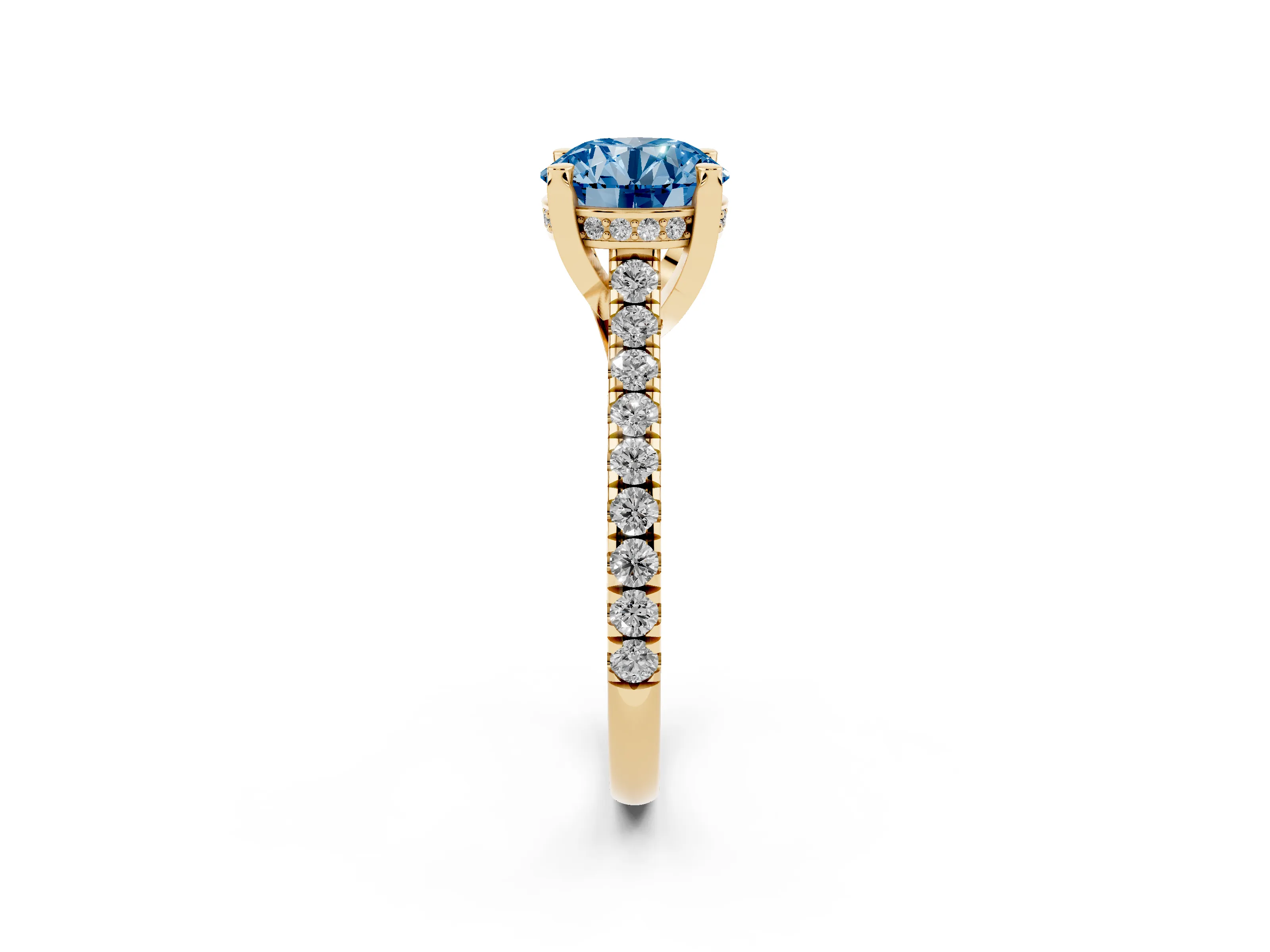 Fancy Blue Round Cut Diamond Solitaire Ring Set in Yellow gold with Brilliant Pavé Band and Prong Setting