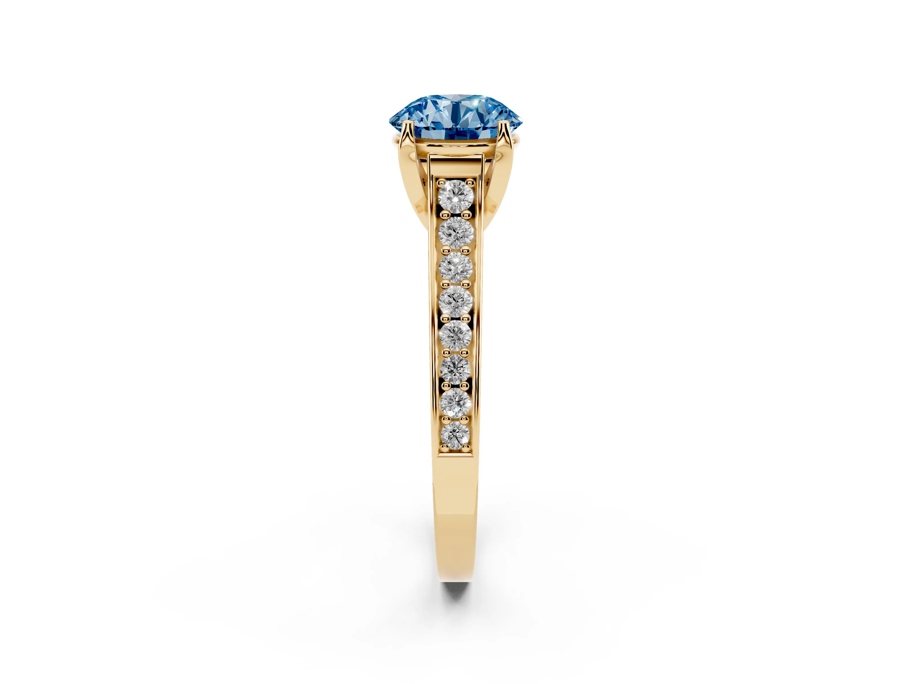 Fancy Blue Round Cut Diamond Solitaire Pavé Engagement Ring Set in Yellow gold with Prong Setting
