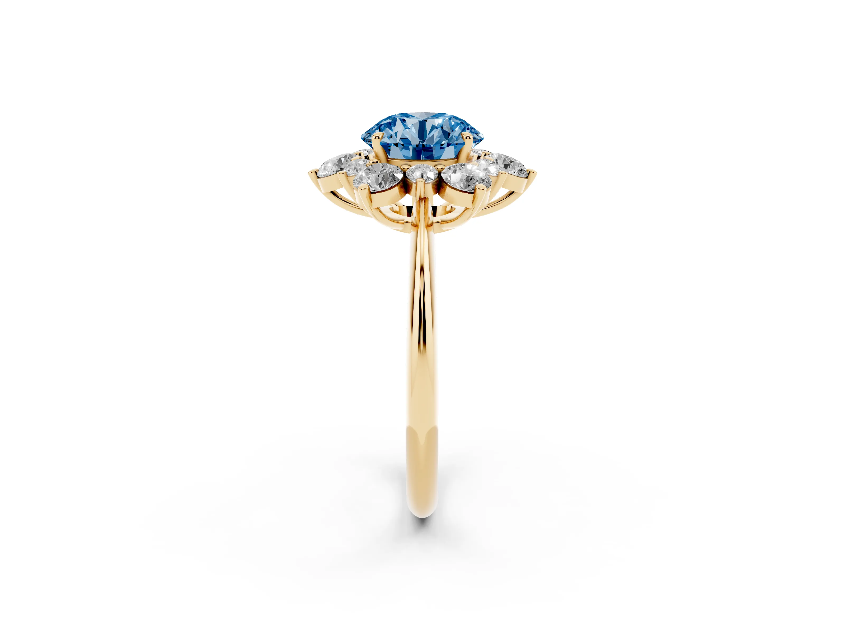 Fancy Blue Round Cut Diamond Cluster Halo Ring Set in Yellow gold with Solitaire Band and Prong Setting