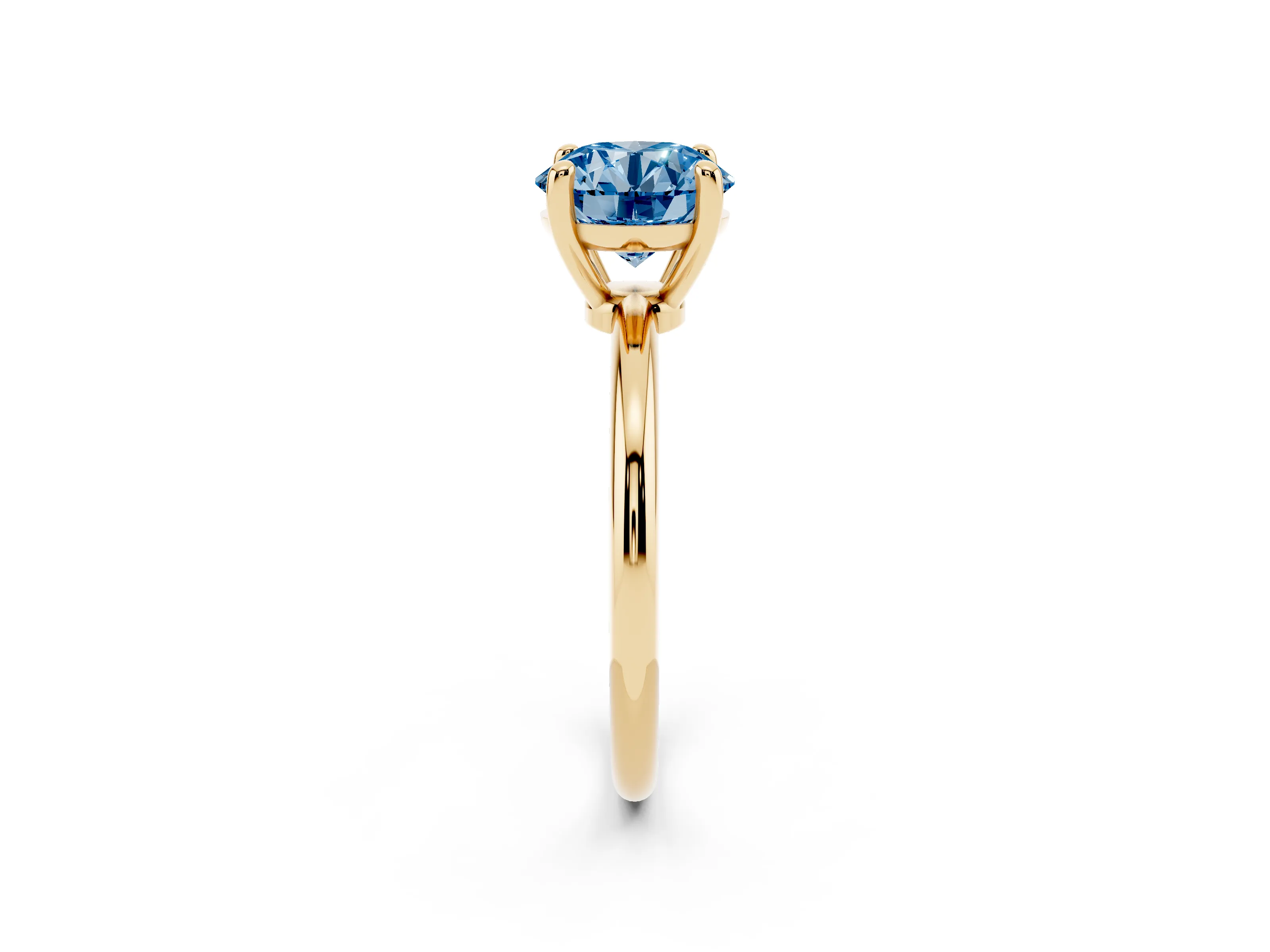 Fancy Blue Round Cut Diamond Solitaire Ring Set in Yellow gold with Secure Prong Setting on a Classic Band