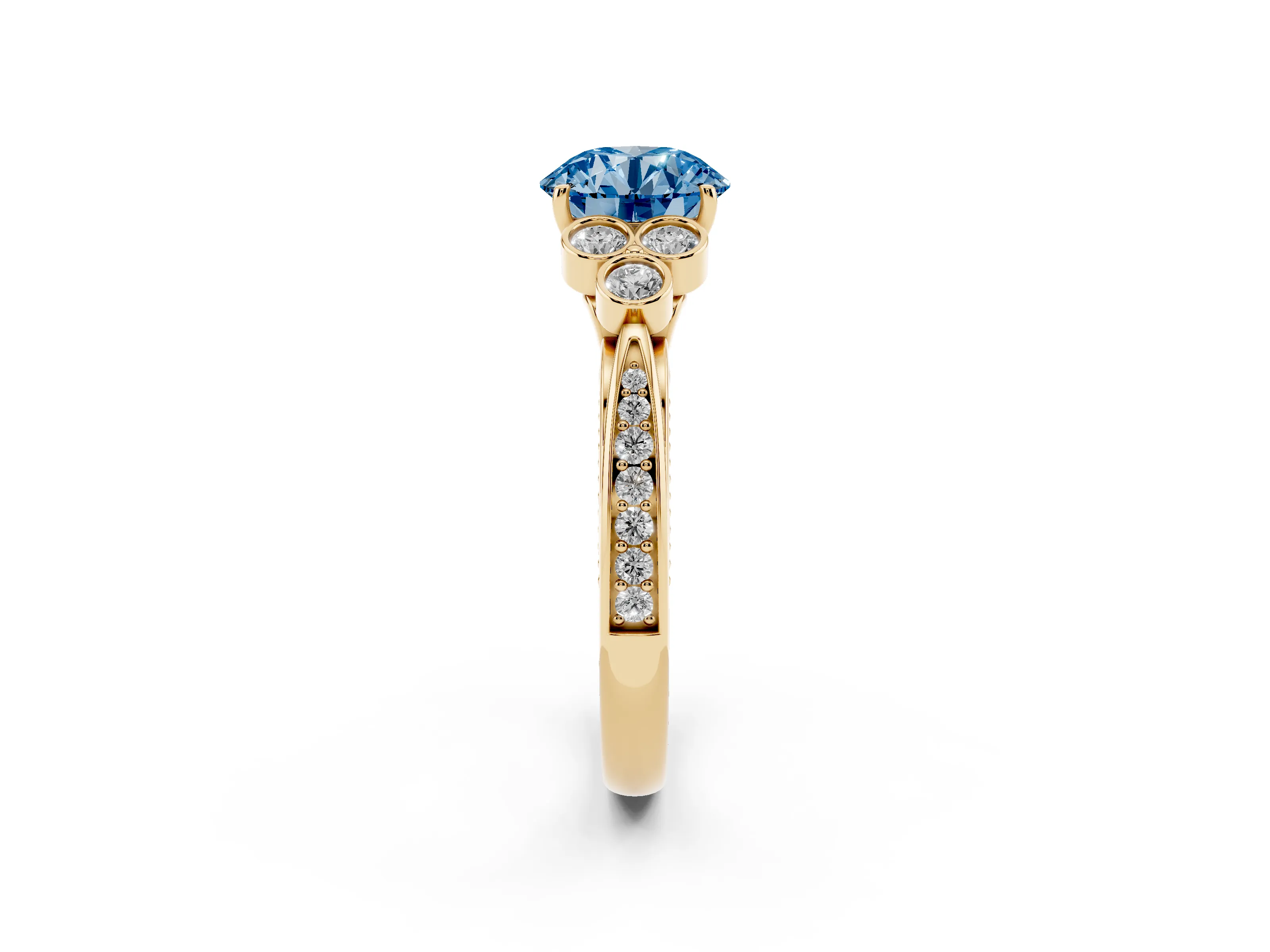 Fancy Blue Round Cut Diamond Engagement Ring Set in Yellow gold with Bezel Set Round Side Stones and Prong Setting