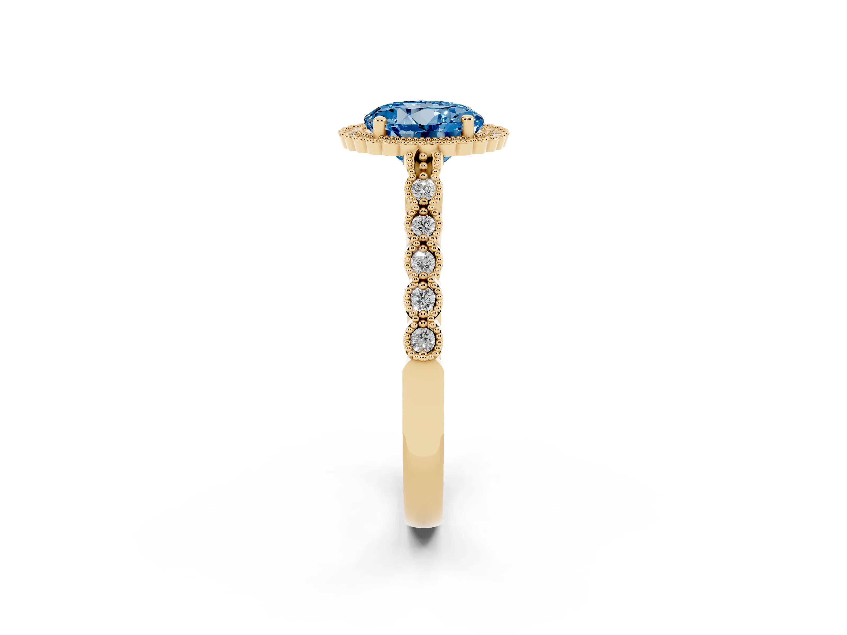 Fancy Blue Round Cut Diamond Halo Ring Set in Yellow gold with Pavé Milgrain Band