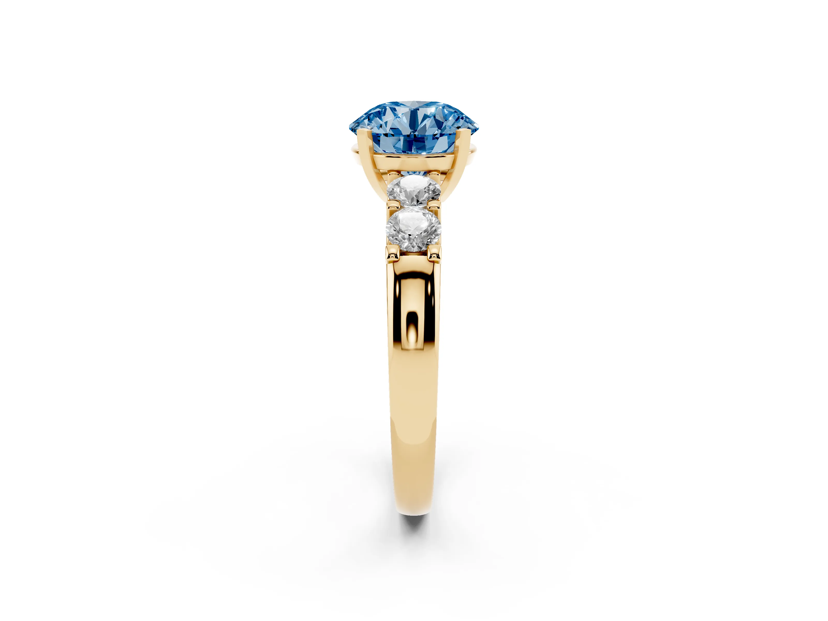 Fancy Blue Round Cut Diamond Five-Stone Prong Set Engagement Ring Set in Yellow gold with Channel Band