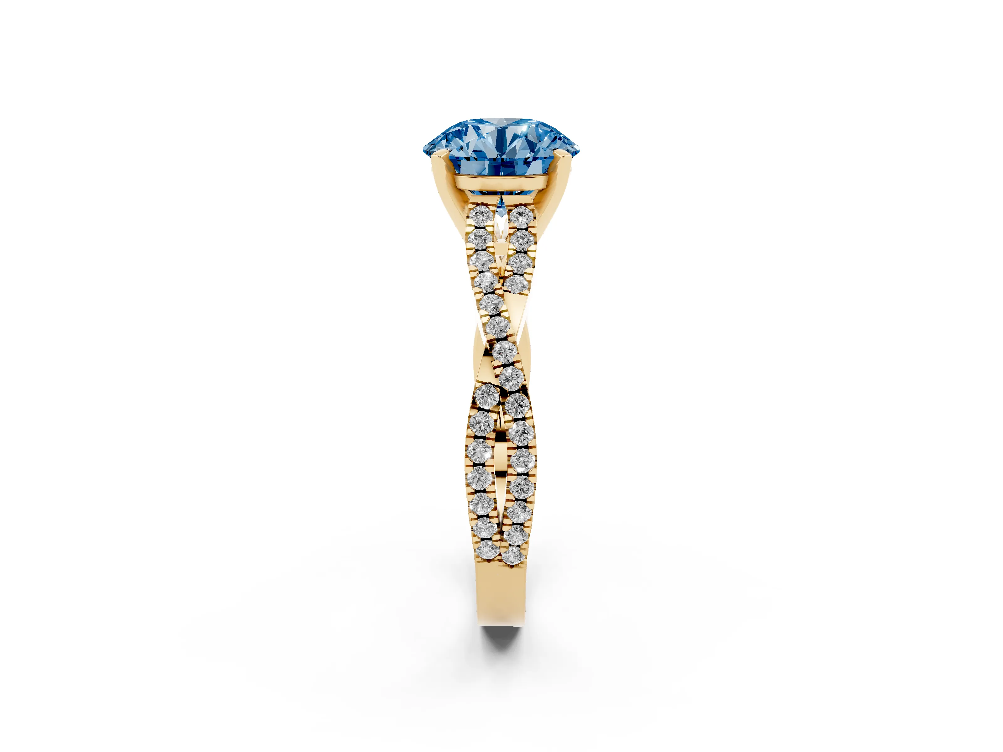 Fancy Blue Round Cut Diamond Solitaire Engagement Ring Set in Yellow gold with Twisted Pavé Band and Prong Setting