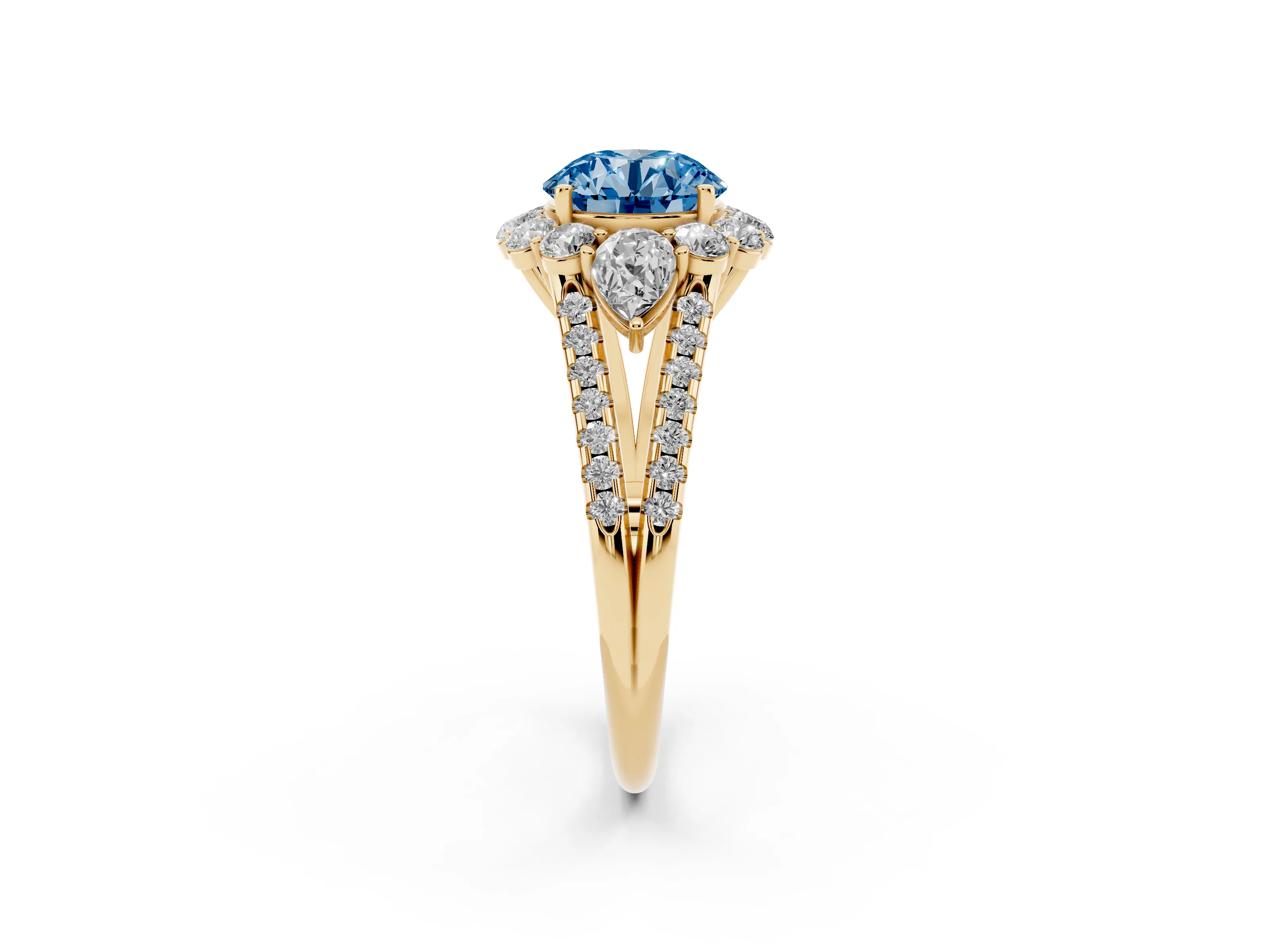 Fancy Blue Round Cut Diamond Halo Split Shank Engagement Ring Set in Yellow gold with Prong-Held Center Stone