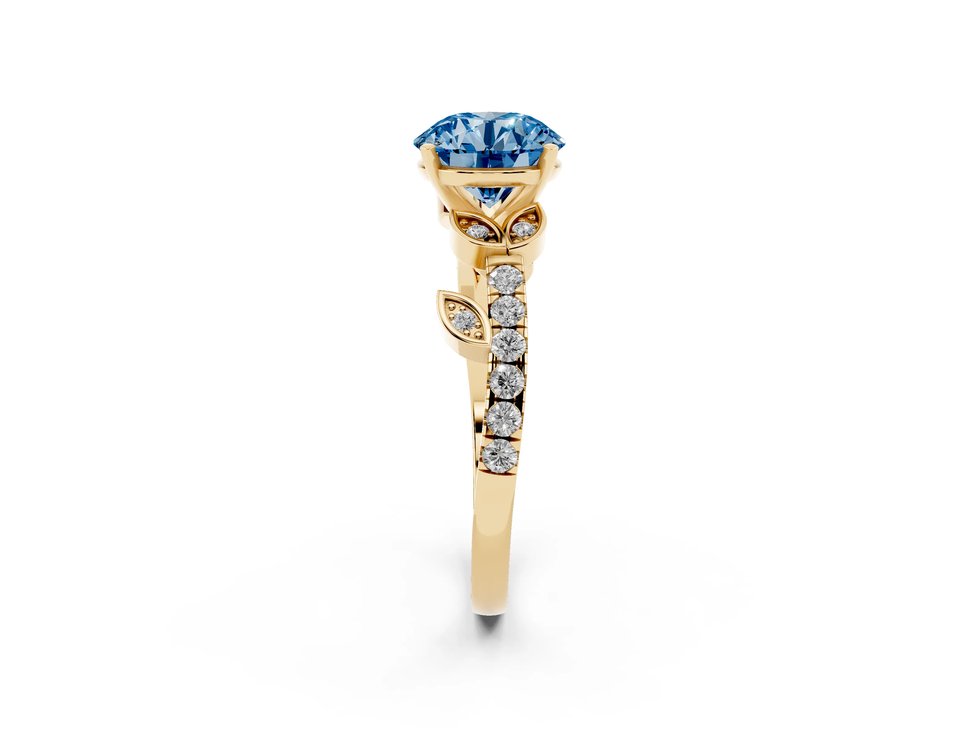 Fancy Blue Round Cut Diamond Solitaire Leaf-Inspired Ring Set in Yellow gold with Pavé Band and Prong Setting