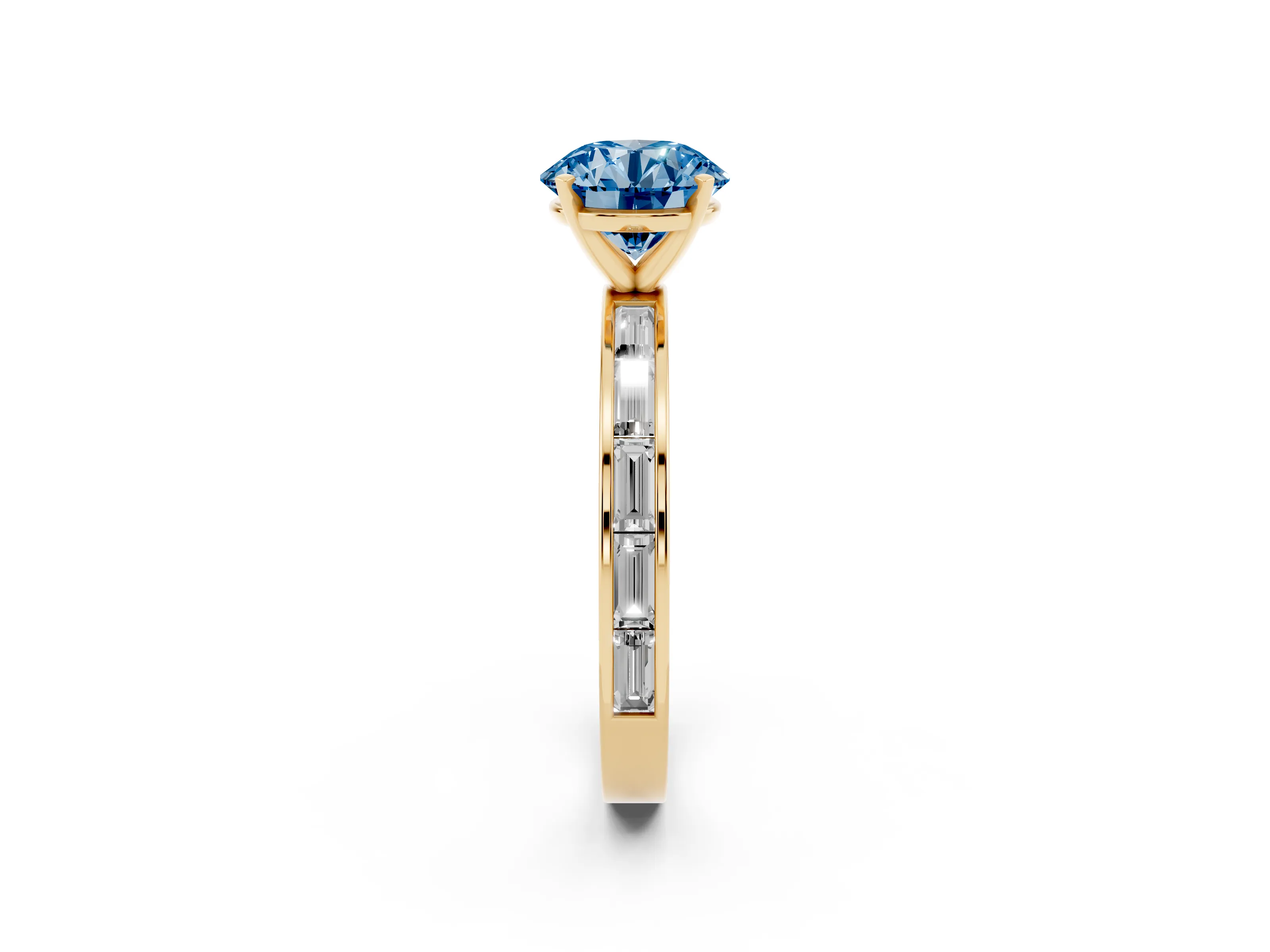 Fancy Blue Round Cut Diamond Solitaire Ring Set in Yellow gold with Channel-Set Baguette Band and Prong Setting