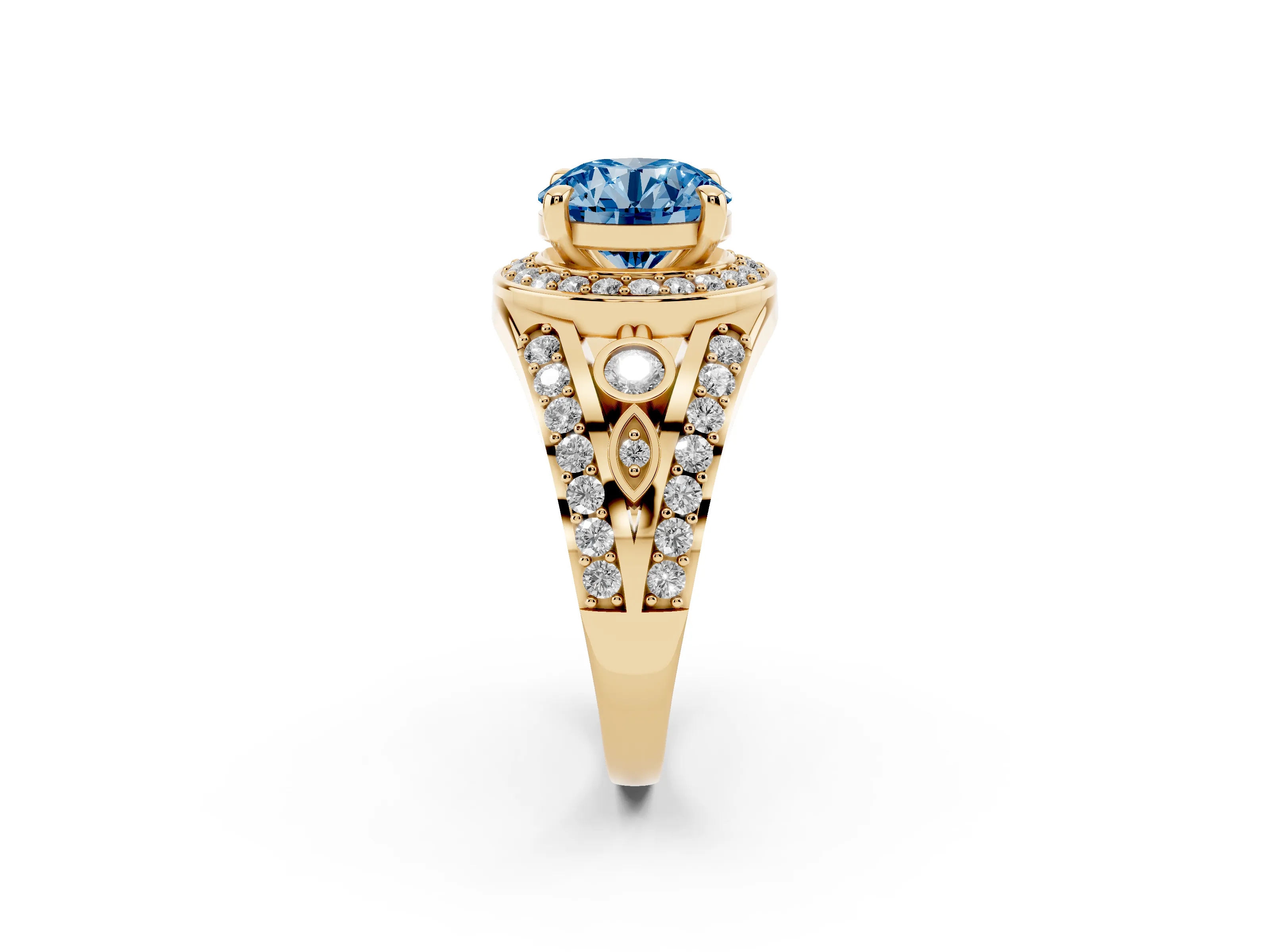 Fancy Blue Round Cut Diamond Halo Ring Set in Yellow gold with Pavé Split Shank and Bezel Accents