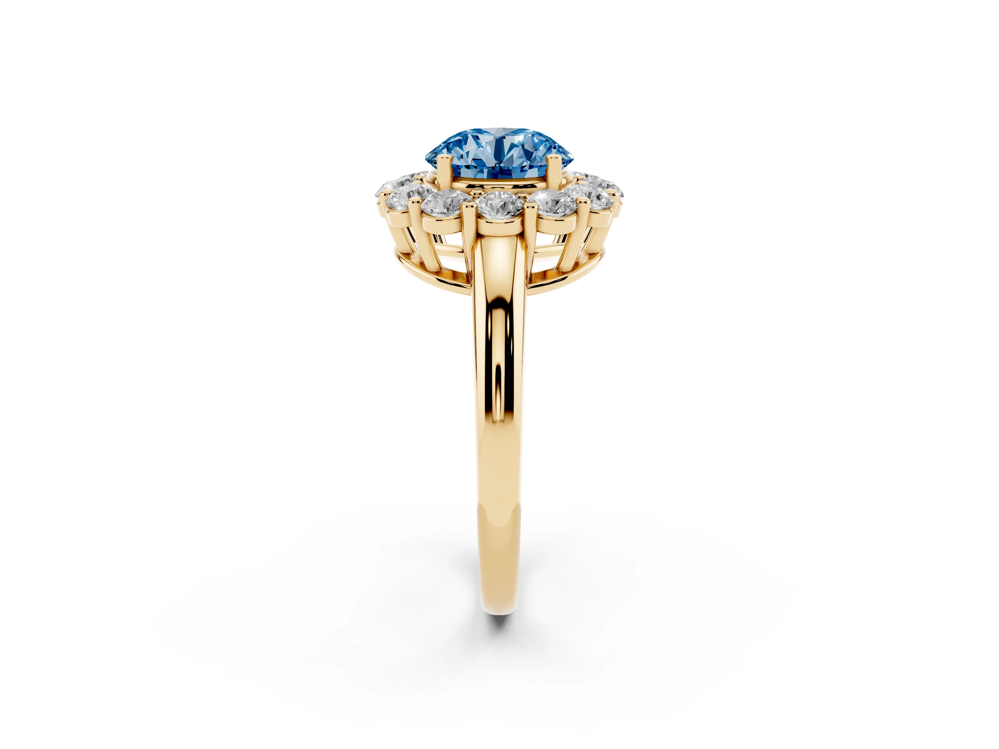 Fancy Blue Round Cut Diamond Halo Cluster Engagement Ring Set in Yellow gold with Polished Band and Prong Setting
