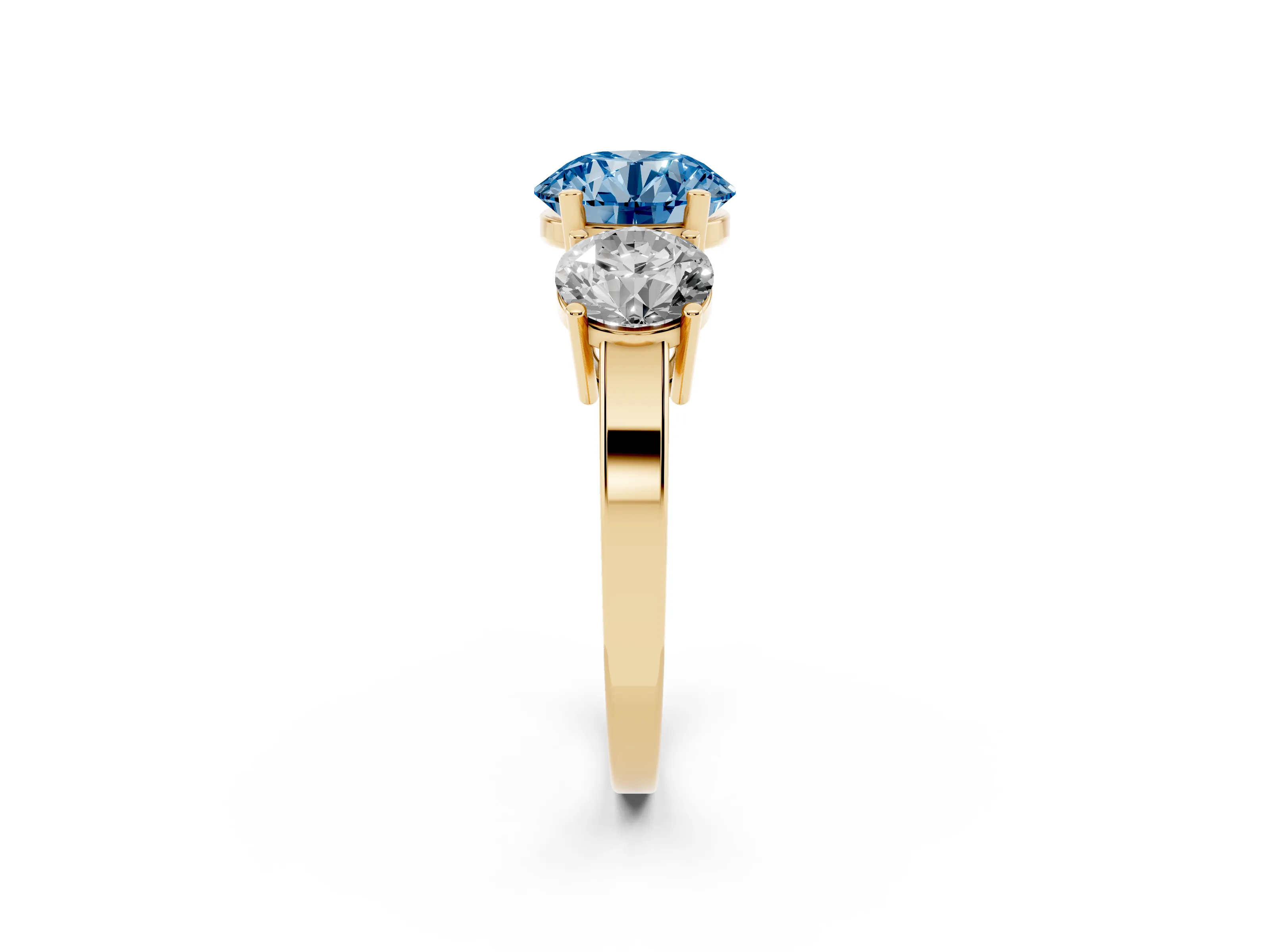 Fancy Blue Round Cut Diamond Three-Stone Engagement Ring Set in Yellow gold with Flat Band