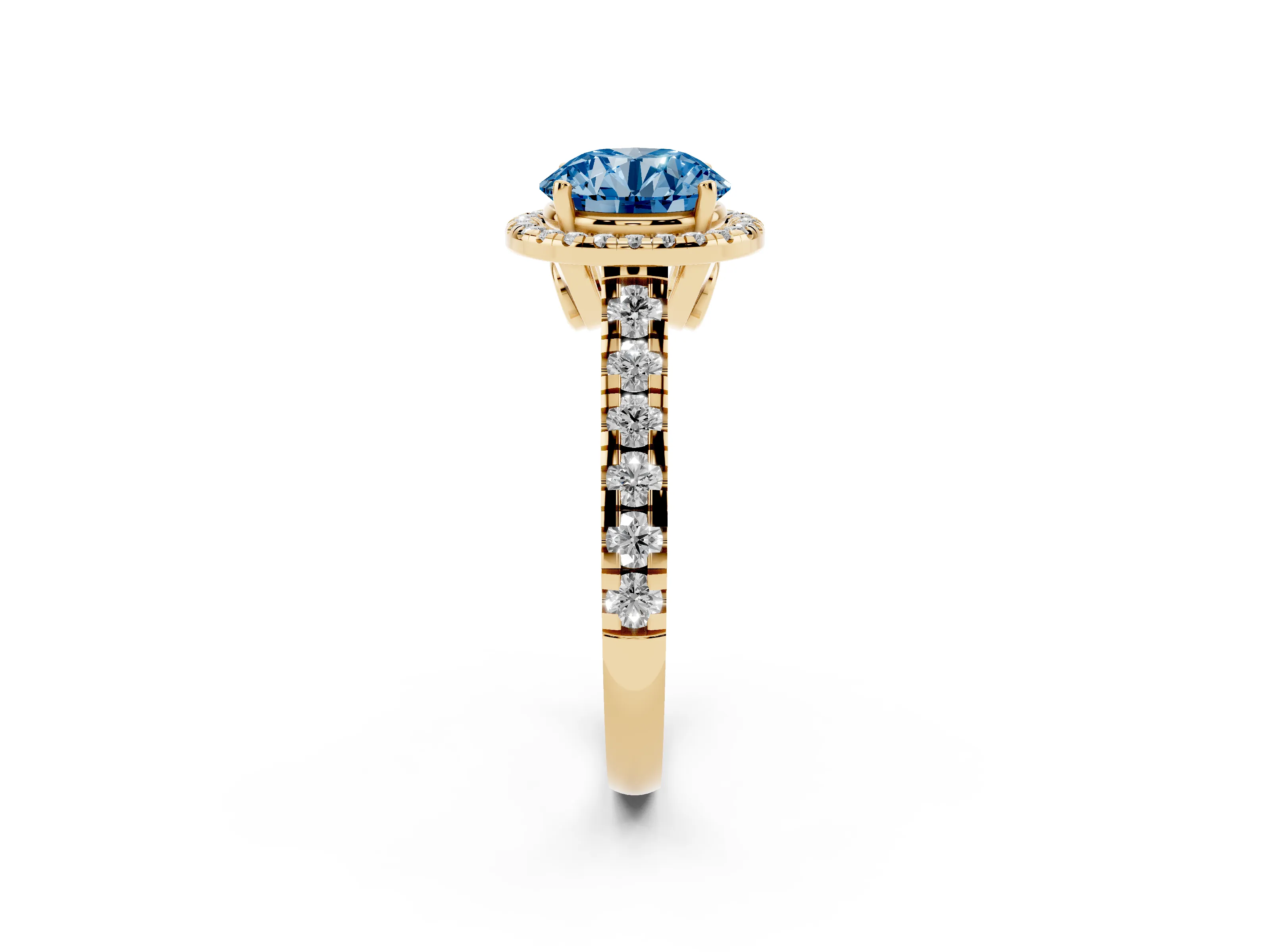 Fancy Blue Round Cut Diamond Halo Engagement Ring Set in Yellow gold with Pavé Band and Prong-Set Center