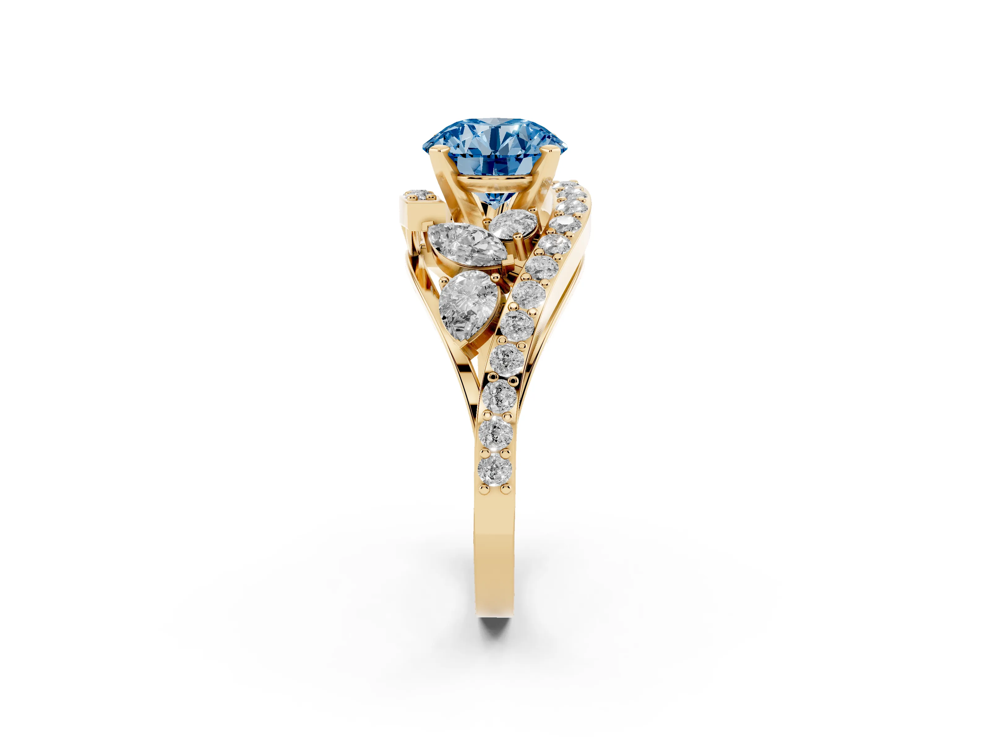 Fancy Blue Round Cut Diamond Halo Ring Set in Yellow gold with Marquise and Pavé Band in Prong Setting