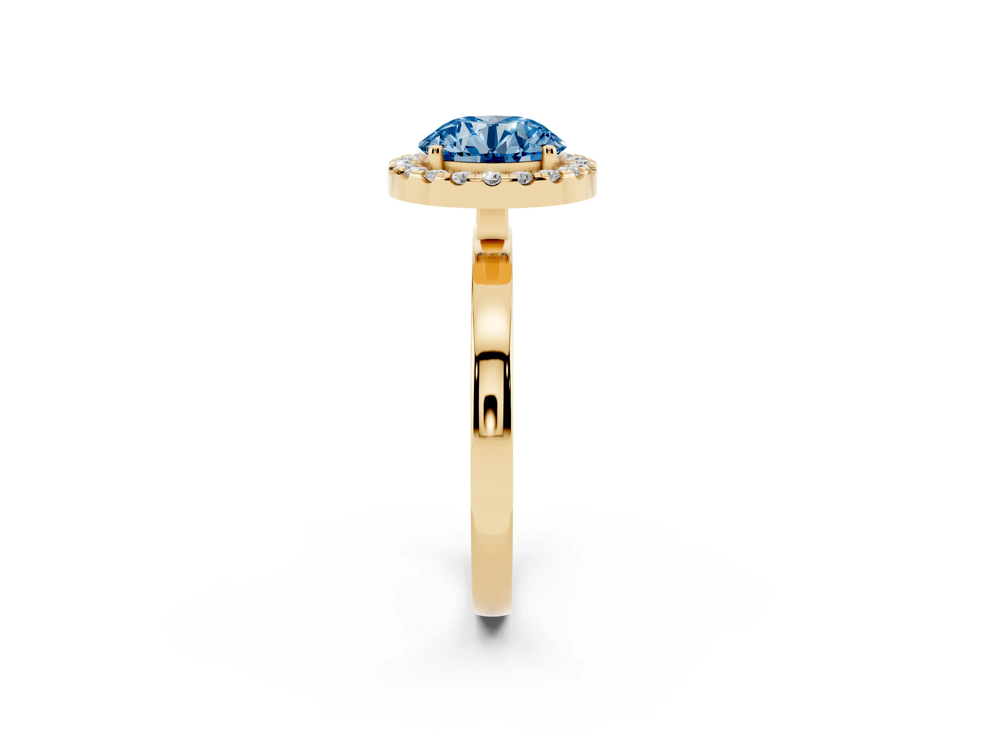 Fancy Blue Round Cut Diamond Halo Solitaire Ring Set in Yellow gold with Pavé Band and Prong Setting