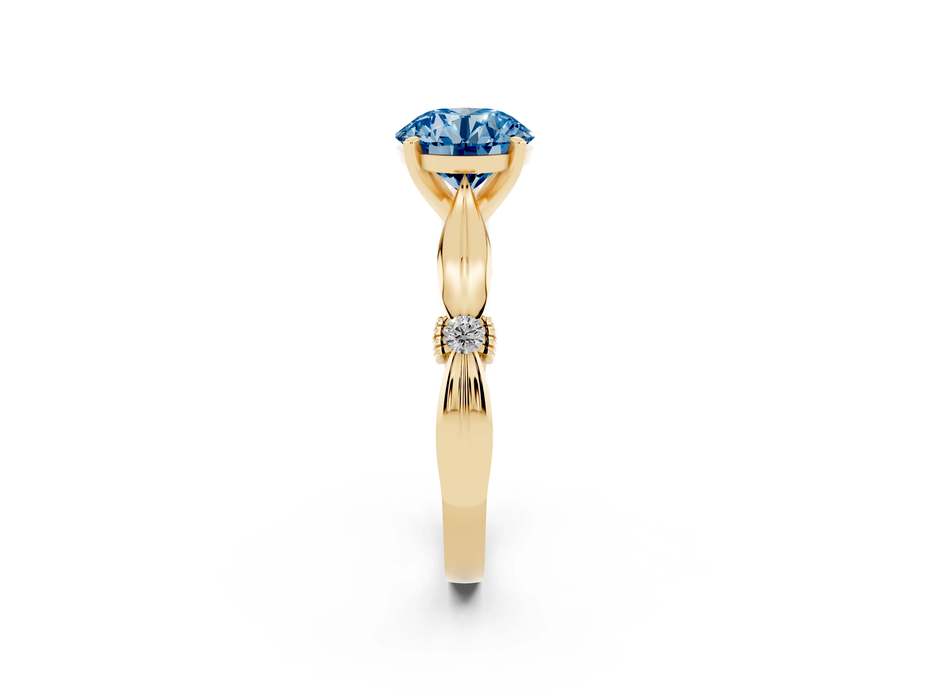 Fancy Blue Round Cut Diamond Solitaire Twisted Band Ring Set in Yellow gold with Accent Stones and Prong Setting