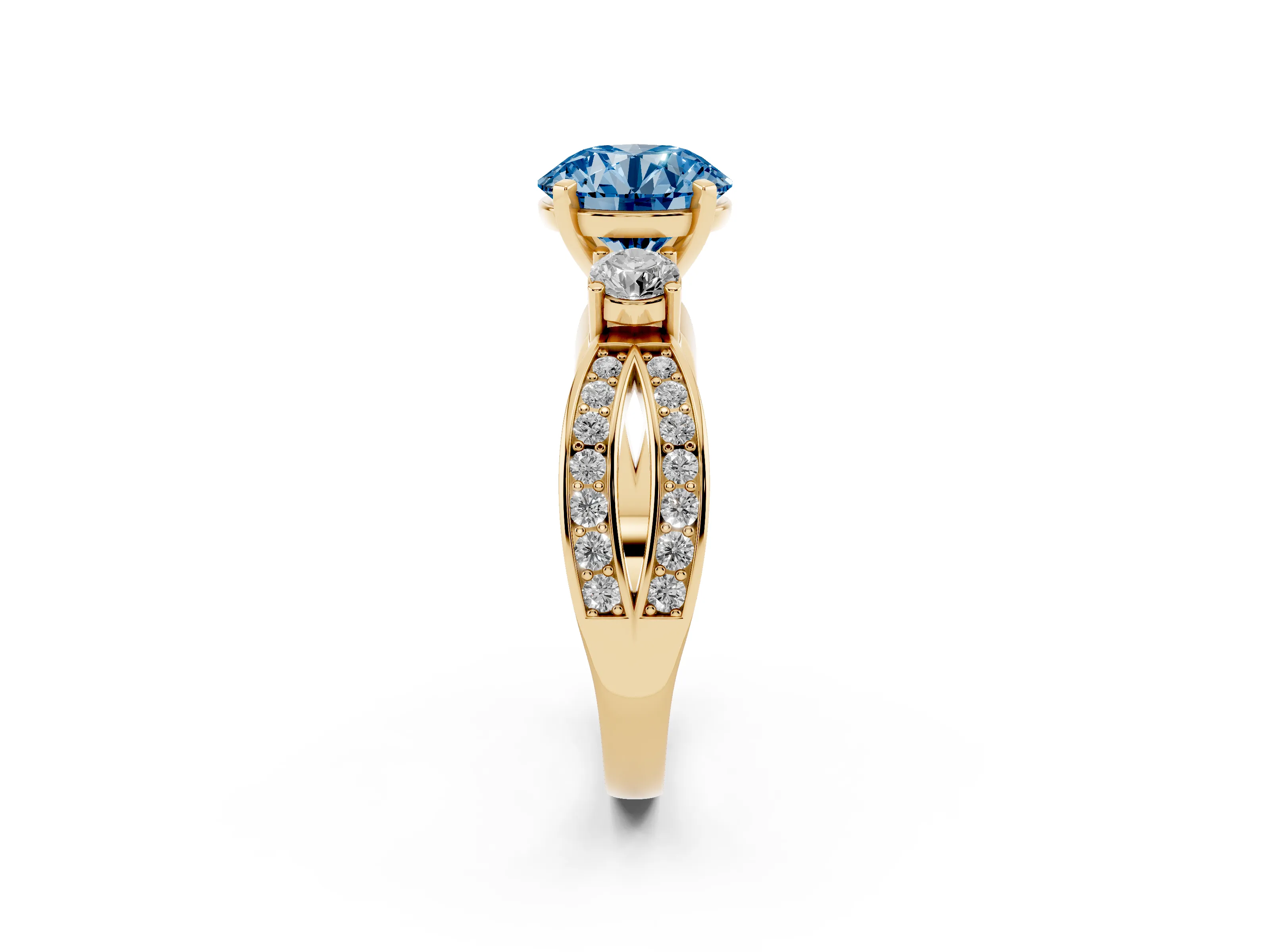 Fancy Blue Three-Stone Round Cut Diamond Twist Band Ring Set in Yellow gold with Pavé Accents and Prong Setting
