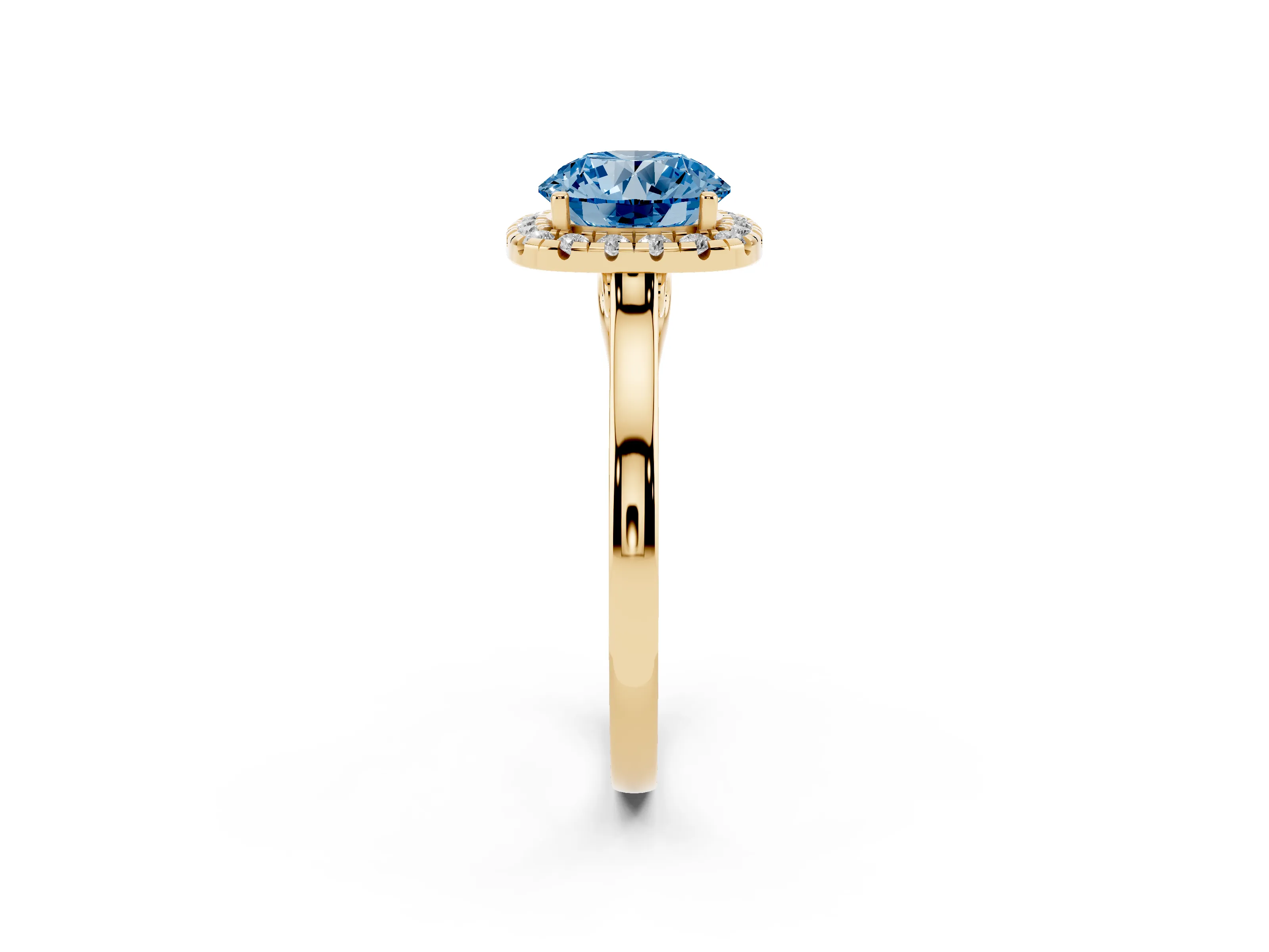 Fancy Blue Round Cut Halo Round Diamond Solitaire Ring Set in Yellow gold with Pavé Band and Prong Setting