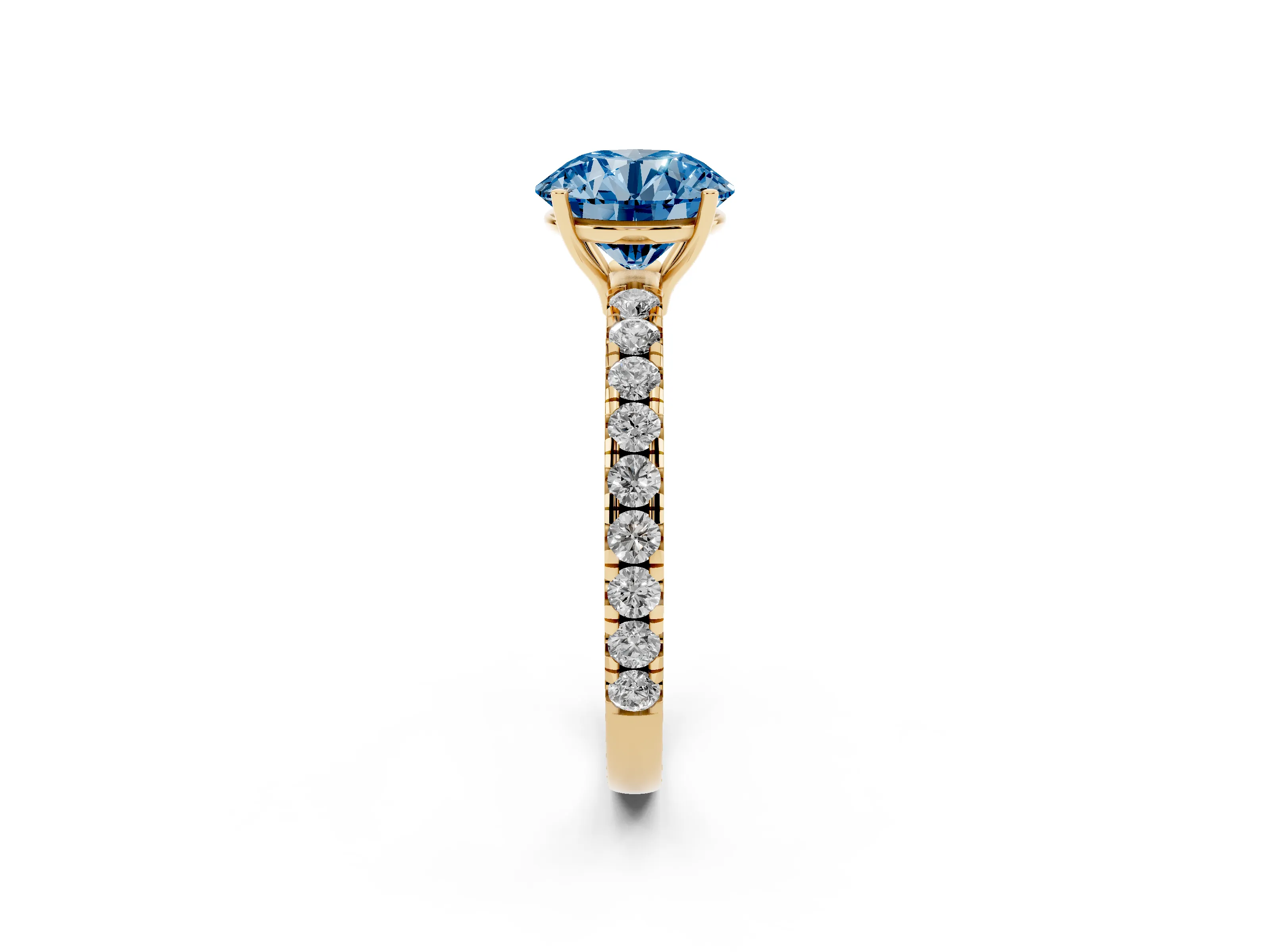 Fancy Blue Round Cut Diamond Pavé Solitaire Engagement Ring Set in Yellow gold with Prong Setting