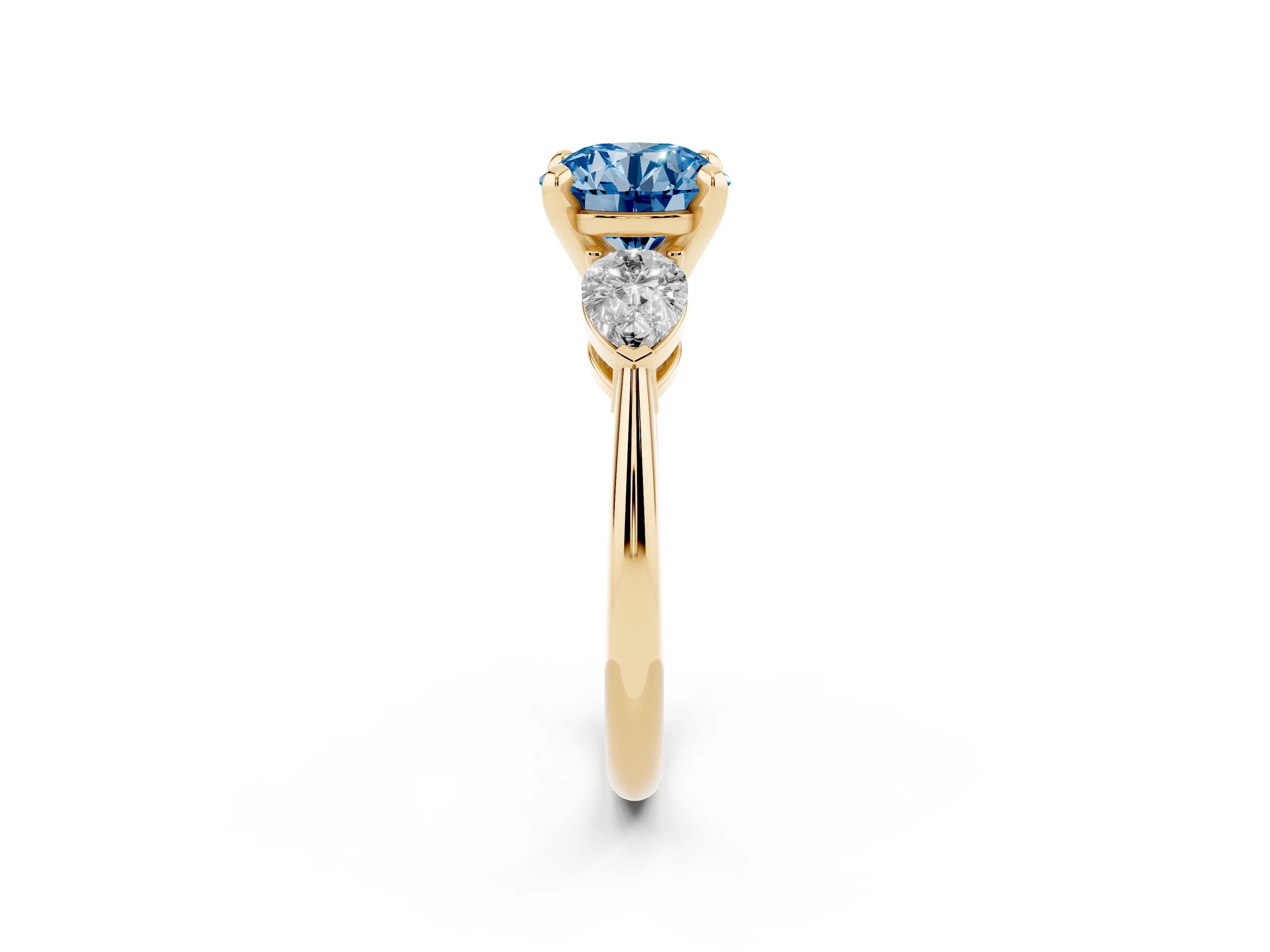 Fancy Blue Three-Stone Round Cut Diamond Ring Set in Yellow gold with Pear Side Stones and Prong Setting
