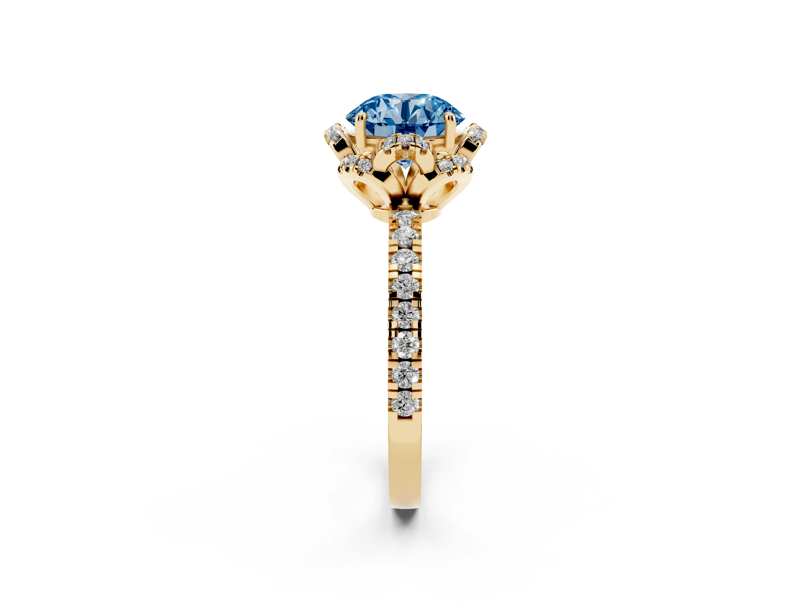 Fancy Blue Round Cut Diamond Halo Pavé Band Ring Set in Yellow gold with Prong-Held Center