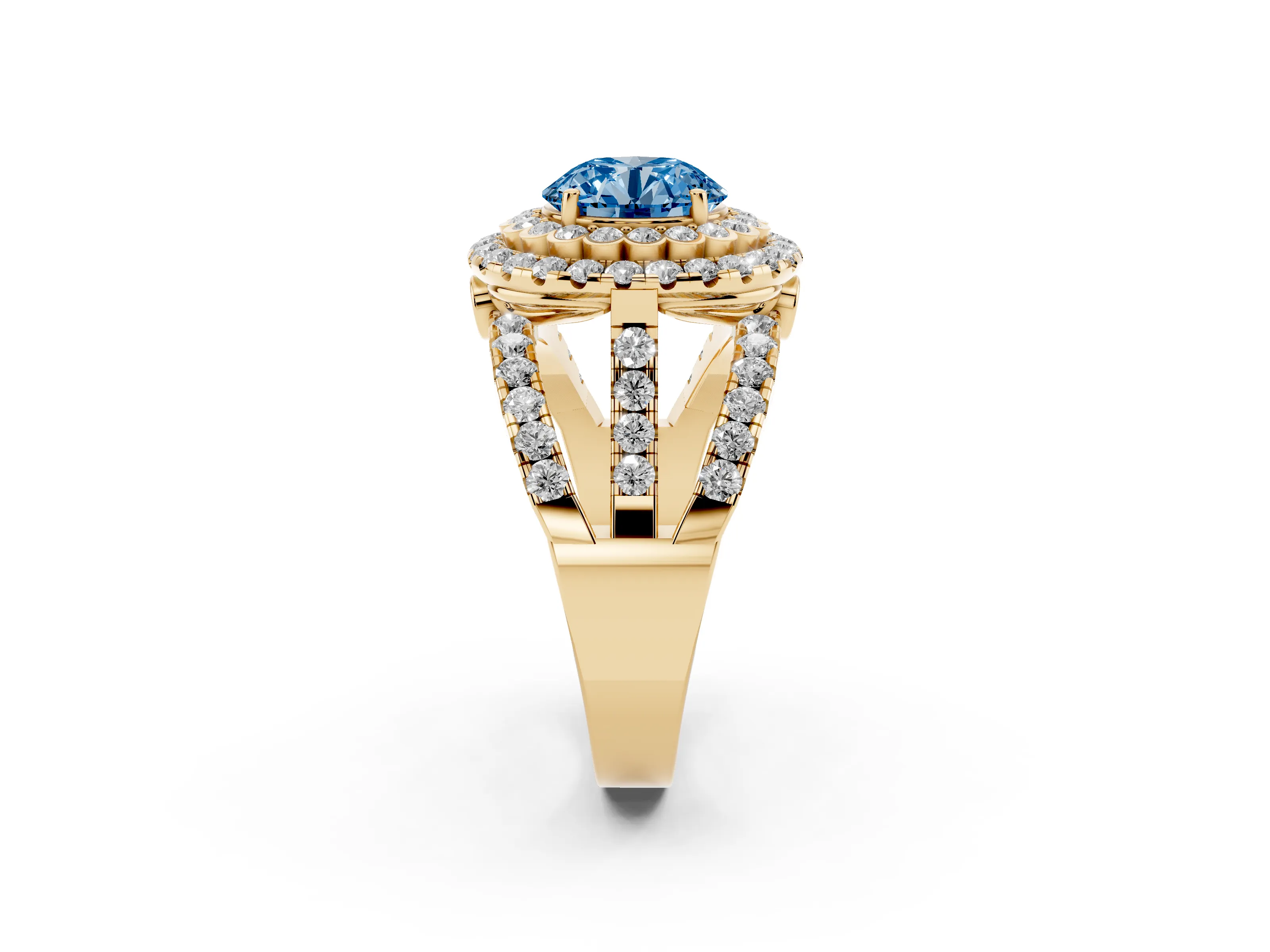 Fancy Blue Round Cut Diamond Double Halo Ring Set in Yellow gold with Round Pavé Split Shank