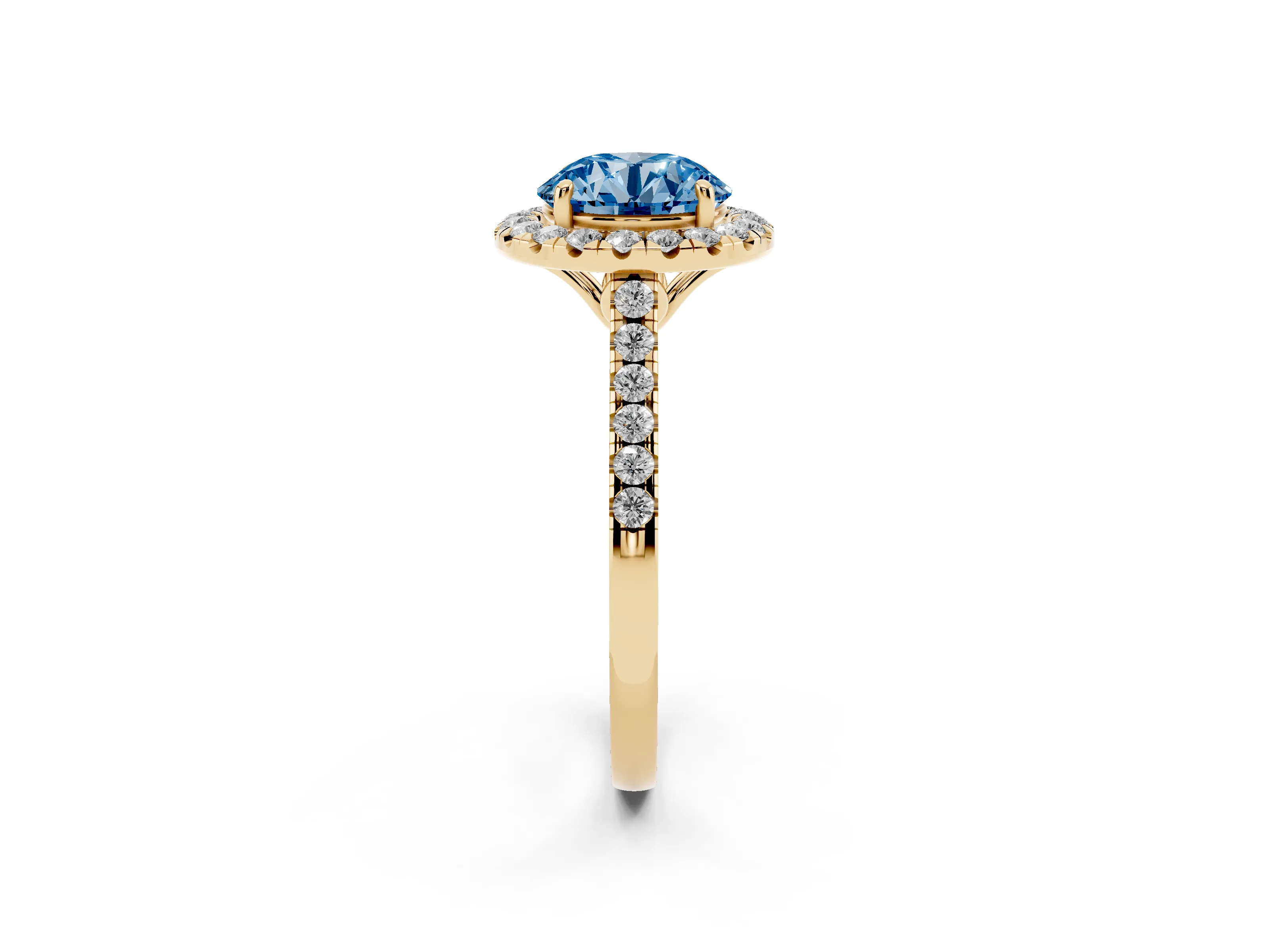 Fancy Blue Round Cut Diamond Pavé Halo Engagement Ring Set in Yellow gold with Pavé Band and Prong Setting