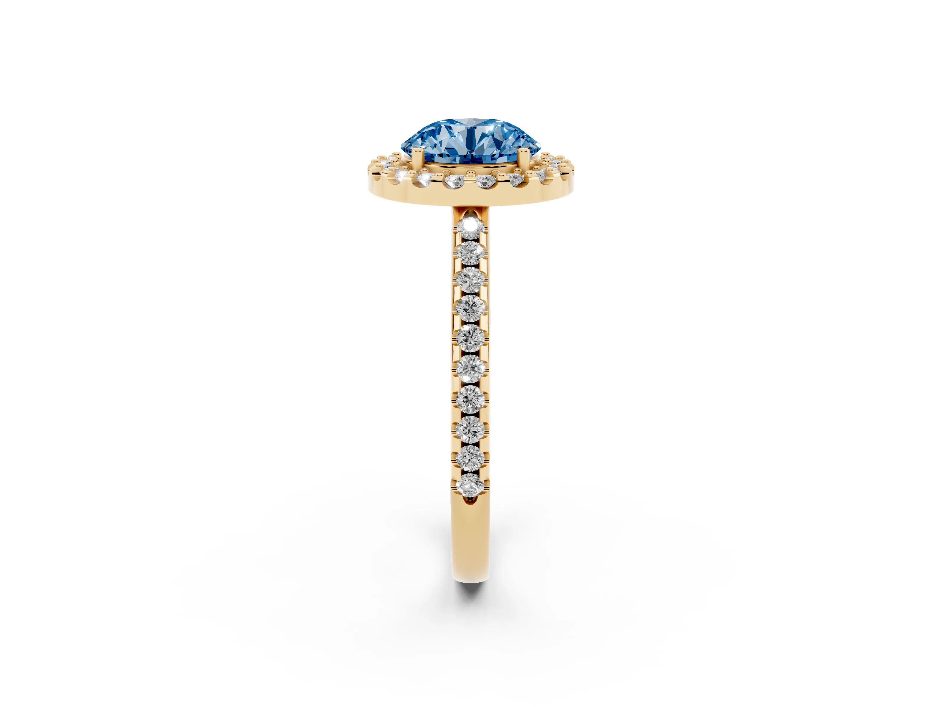 Fancy Blue Round Cut Diamond Pavé Halo Ring Set in Yellow gold with Prong Setting