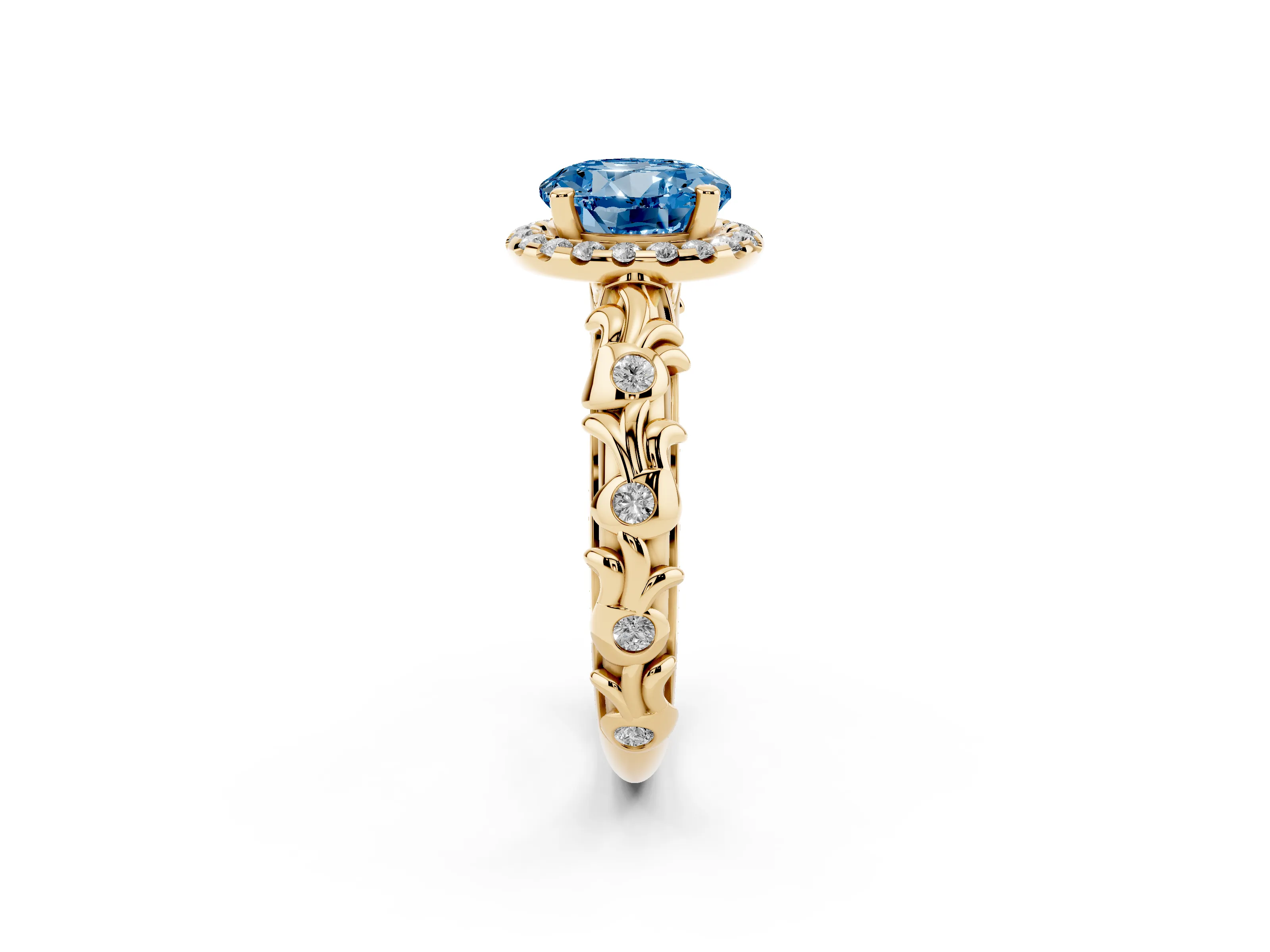 Fancy Blue Round Cut Diamond Halo Ring Set in Yellow gold with Filigree Leaf Band and Prong Setting
